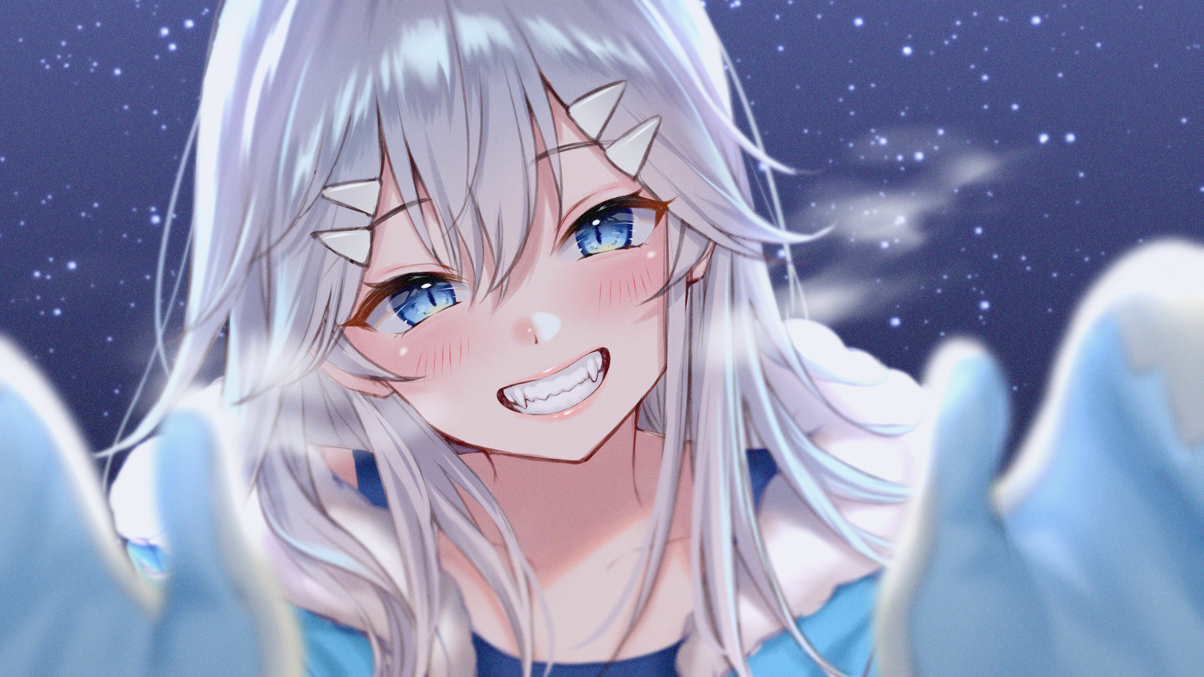 Fukanomi Kafka Fang Aqua Eyes Gray Hair Blush Long Hair Gloves Blue Eyes 3840x2160