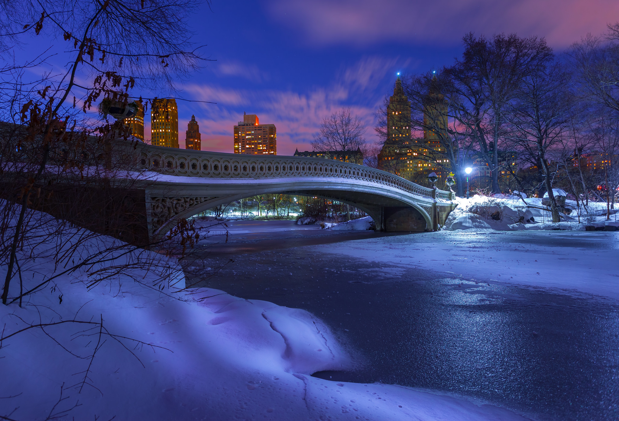 Central Park New York Winter Night Snow Bridge 2048x1393