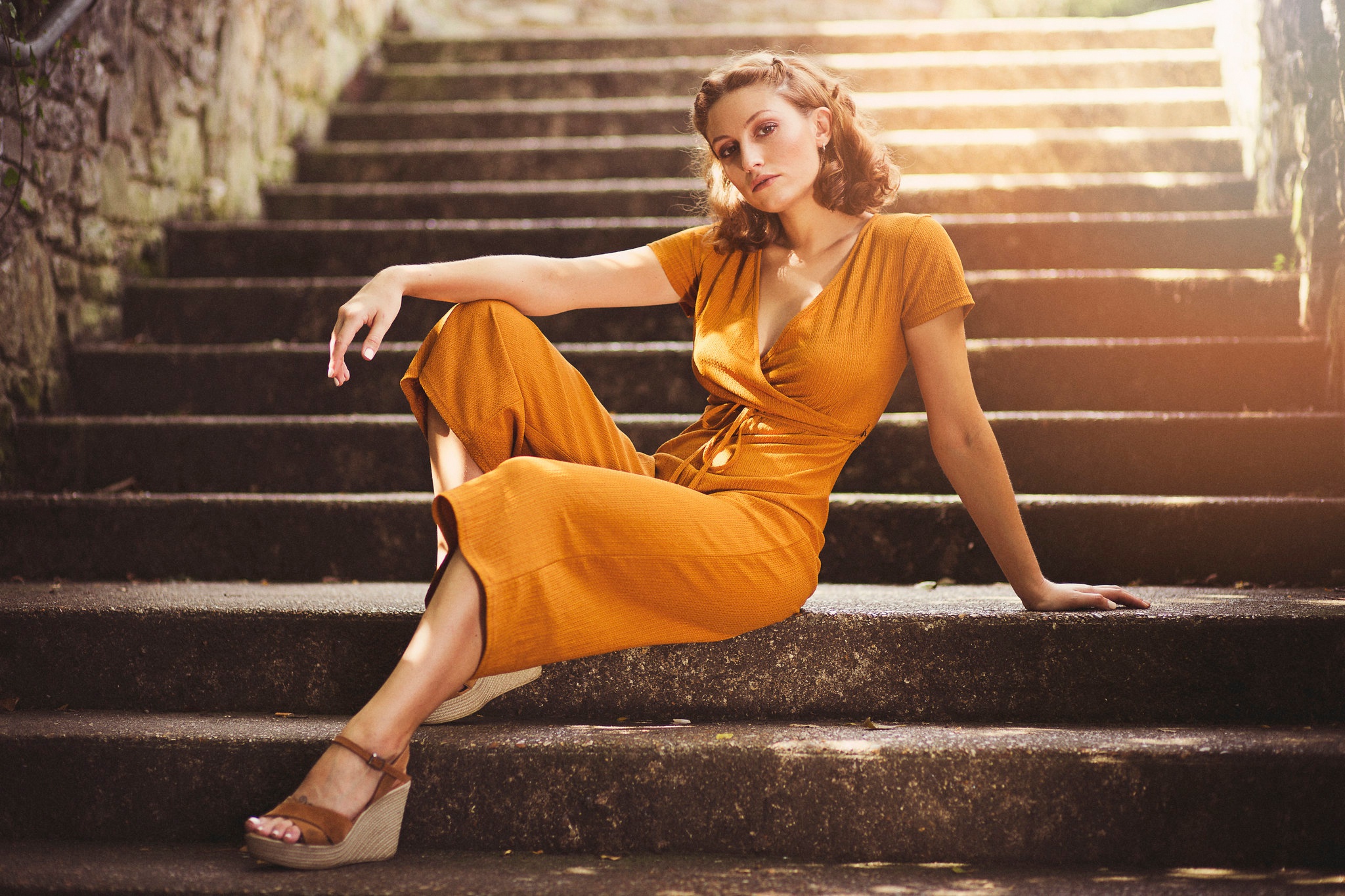 Women Model Sitting Stairs Yellow Dress Shoulder Length Hair Women Outdoors Wedge Heels Wedge Shoes 2048x1365