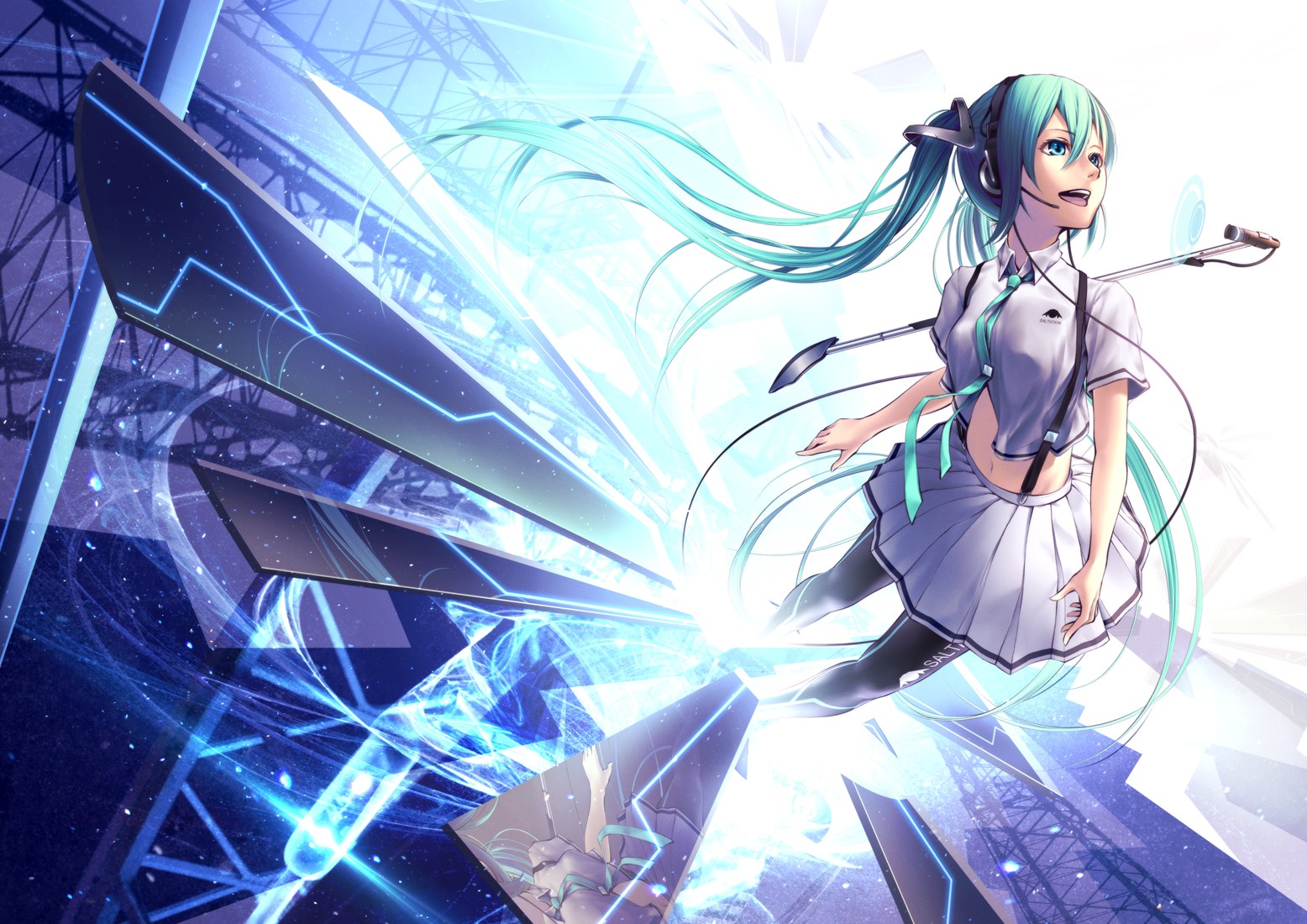 Vocaloid Hatsune Miku Long Hair Twintails Skirt Thigh Highs Neckties Headphones Microphone Anime Gir 1556x1100