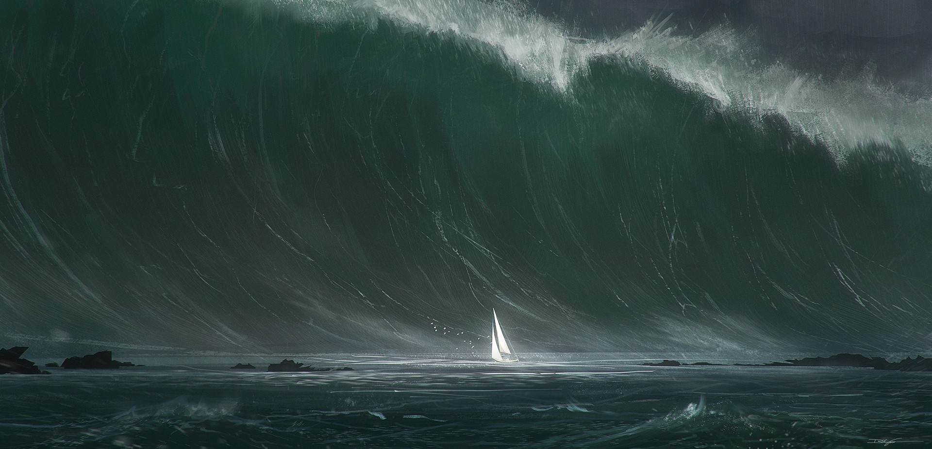 Nature Tsunami Apocalyptic Boat Waves Bastien Grivet 1920x925