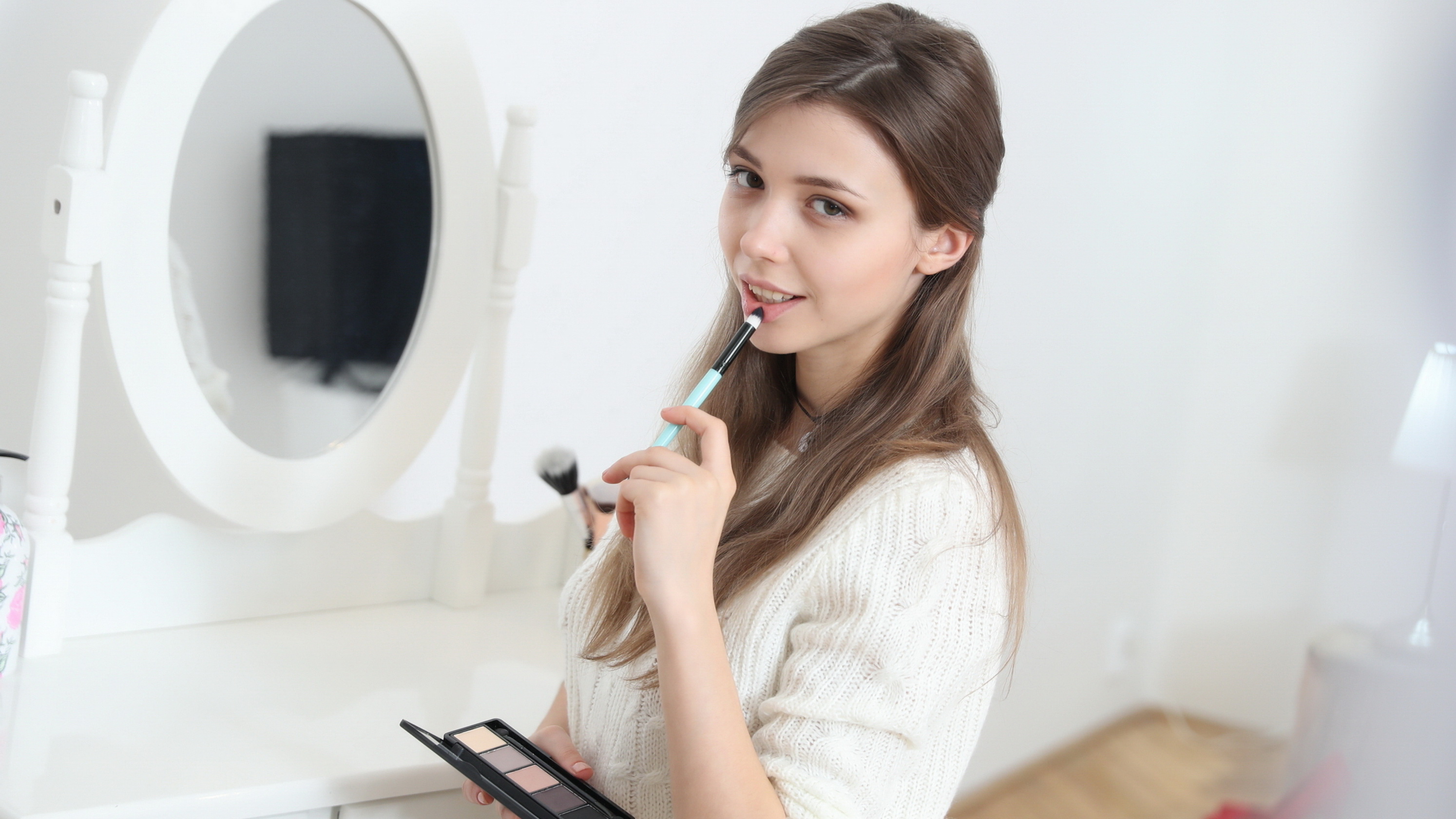 Schoolgirl Looking At Viewer Brunette Makeup Brush Face Women White Sweater Sweater Long Hair White  2988x1681