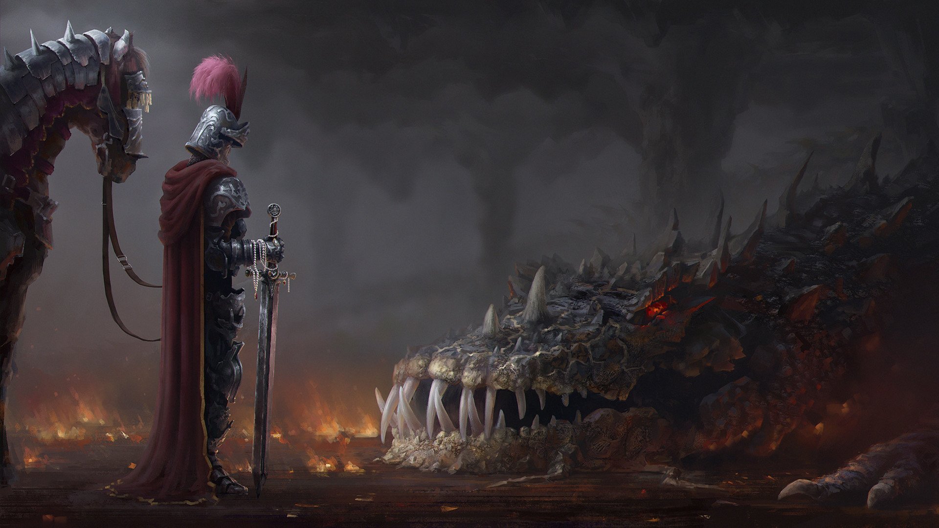 Digital Art Fantasy Art Andrew Palyanov Knight Dragon Artwork Fangs Smoke Sword Armor Horse Red Eyes 1920x1080