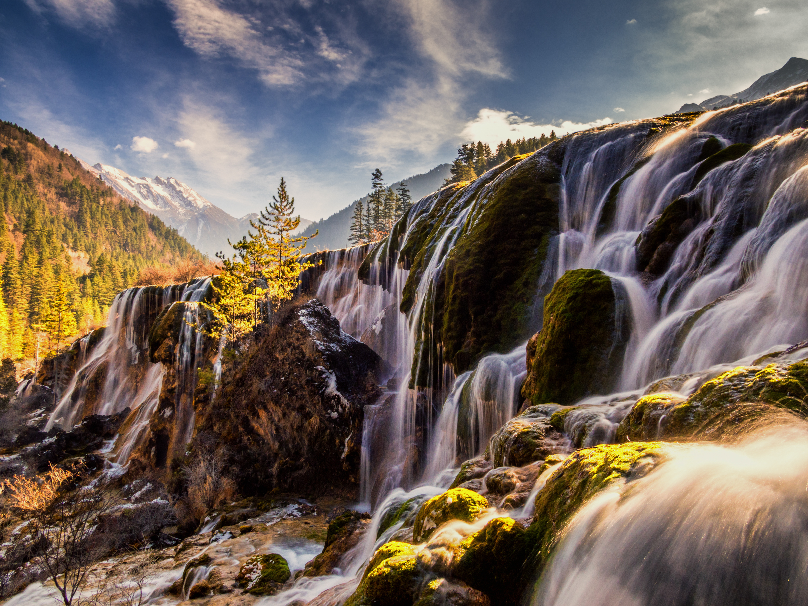 Pearl Shoal Falls China Sichuan Waterfall Mountain Jiuzhaigou Park Landscape 2828x2121
