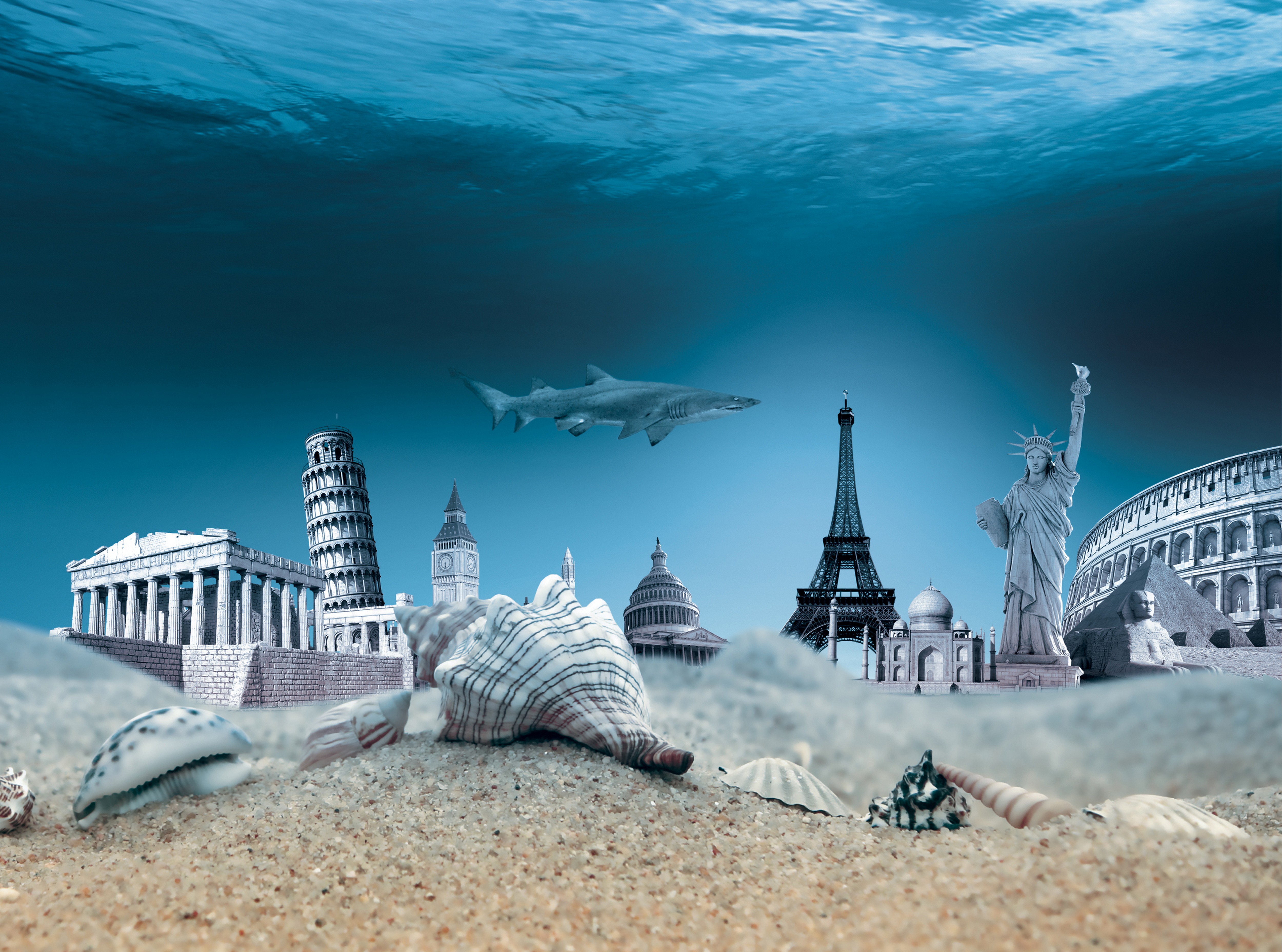 Creativity Photo Manipulation Sea Sea Underwater Architecture Animals Shark Sand Seashells Leaning T 5000x3712