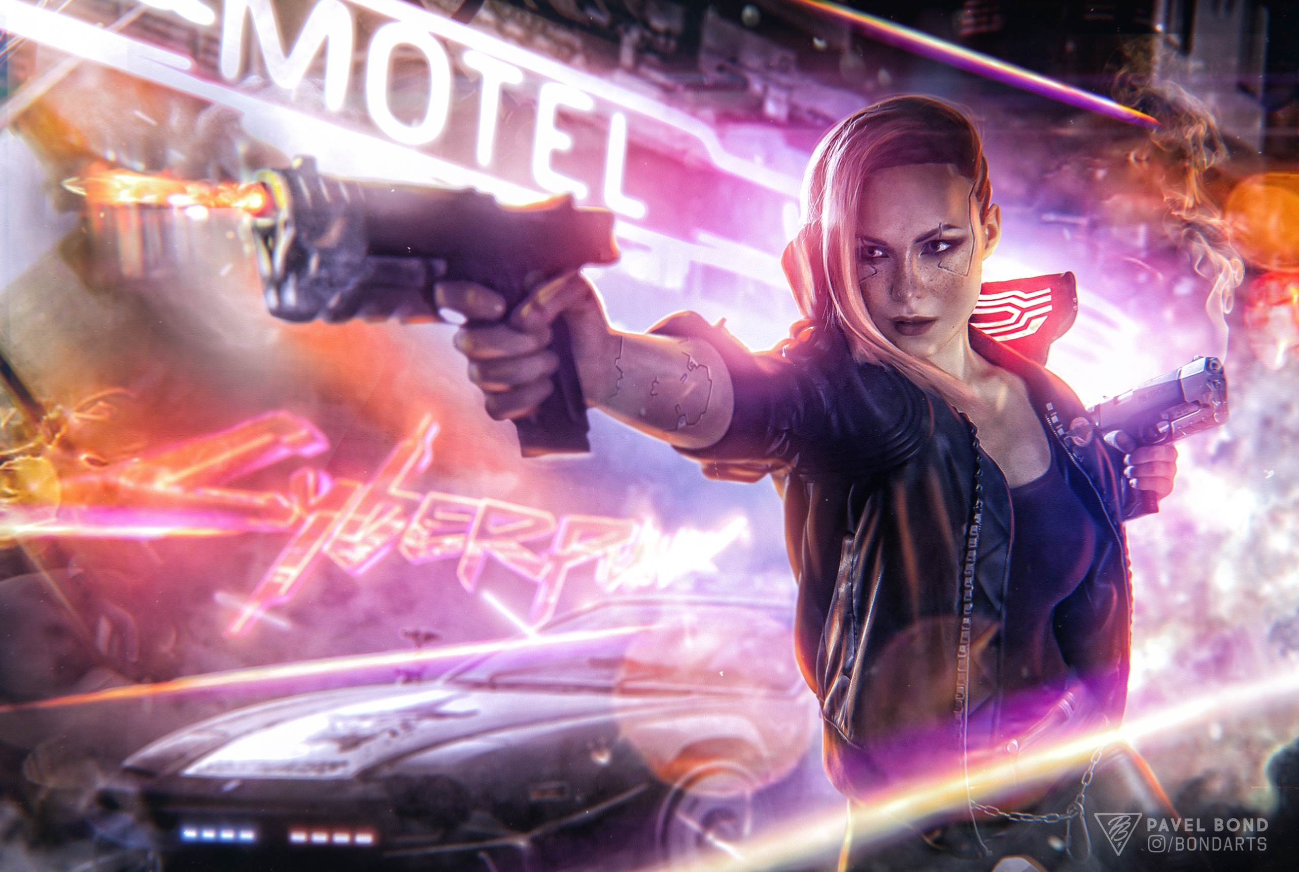 Cyberpunk Cyberpunk 2077 Video Games Fan Art Women Cyborg Gun Weapon Futuristic Car Neon Neon Lights 2560x1719