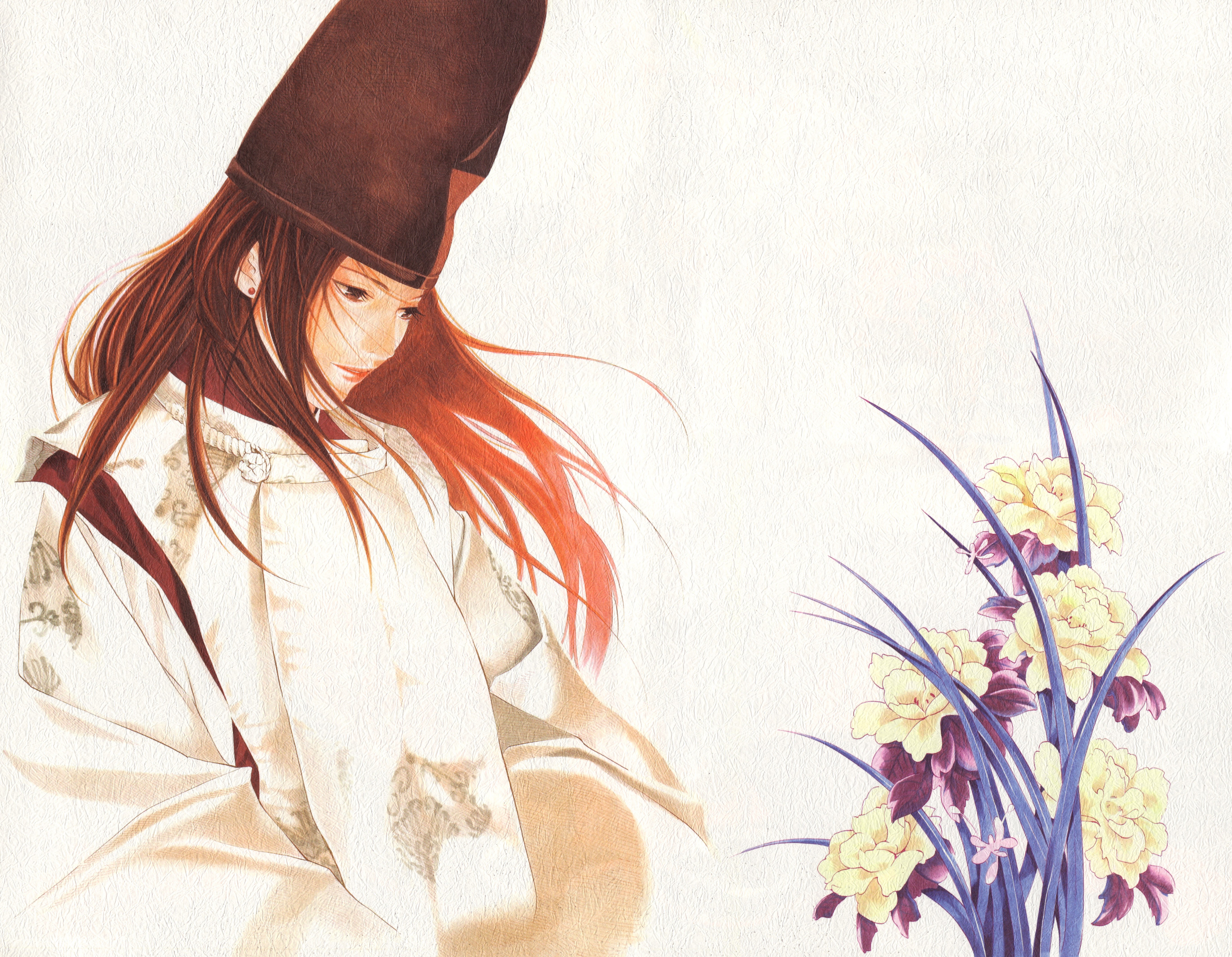 Fujiwara No Sai Hikaru No Go Anime Anime Girls Simple Background Long Hair Hat Flowers 5500x4274