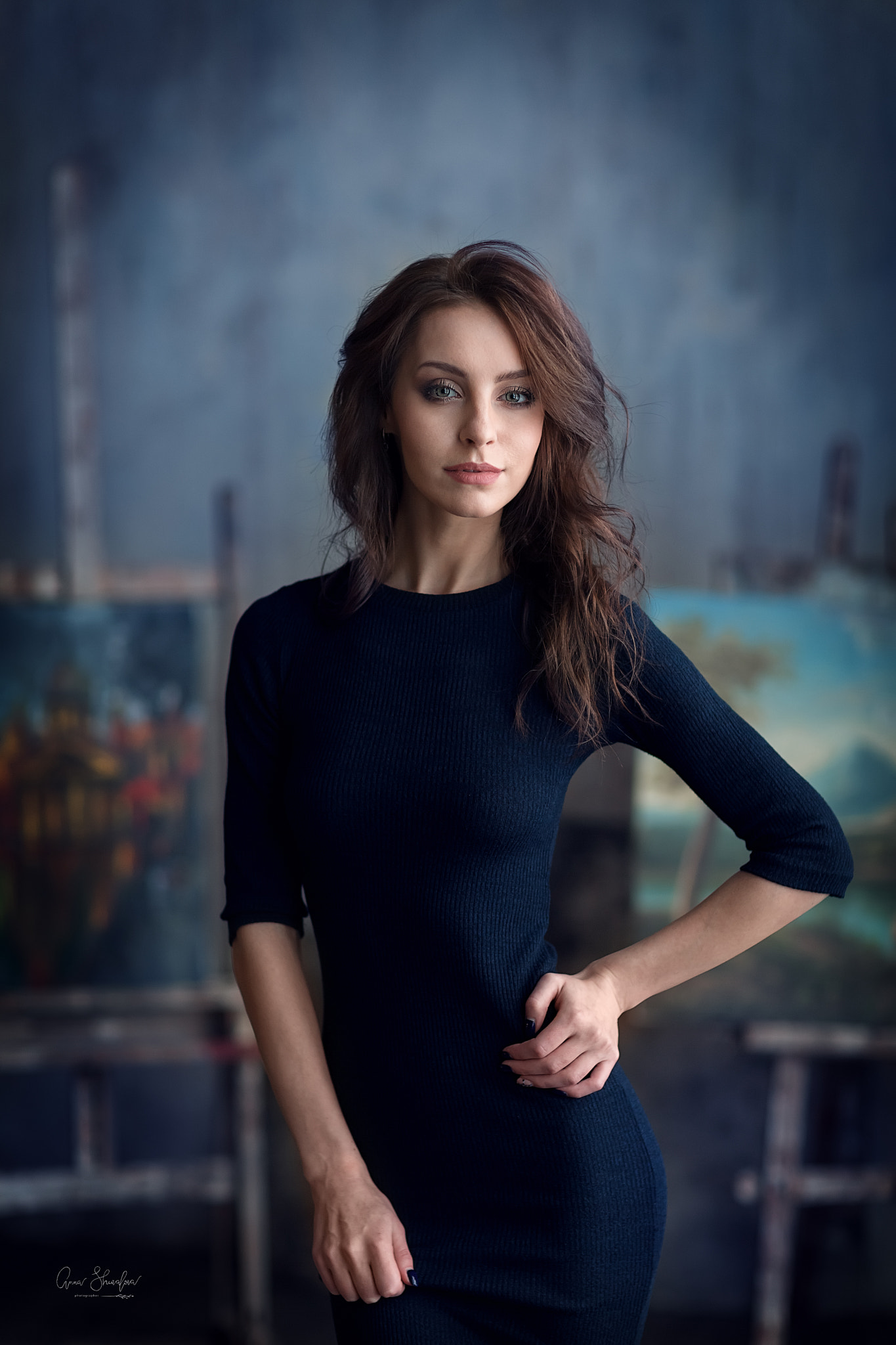 Anastasiya Peredistova Blue Dress Portrait Looking At Viewer Green Eyes Smiling Women Model Anna Shu 1365x2048