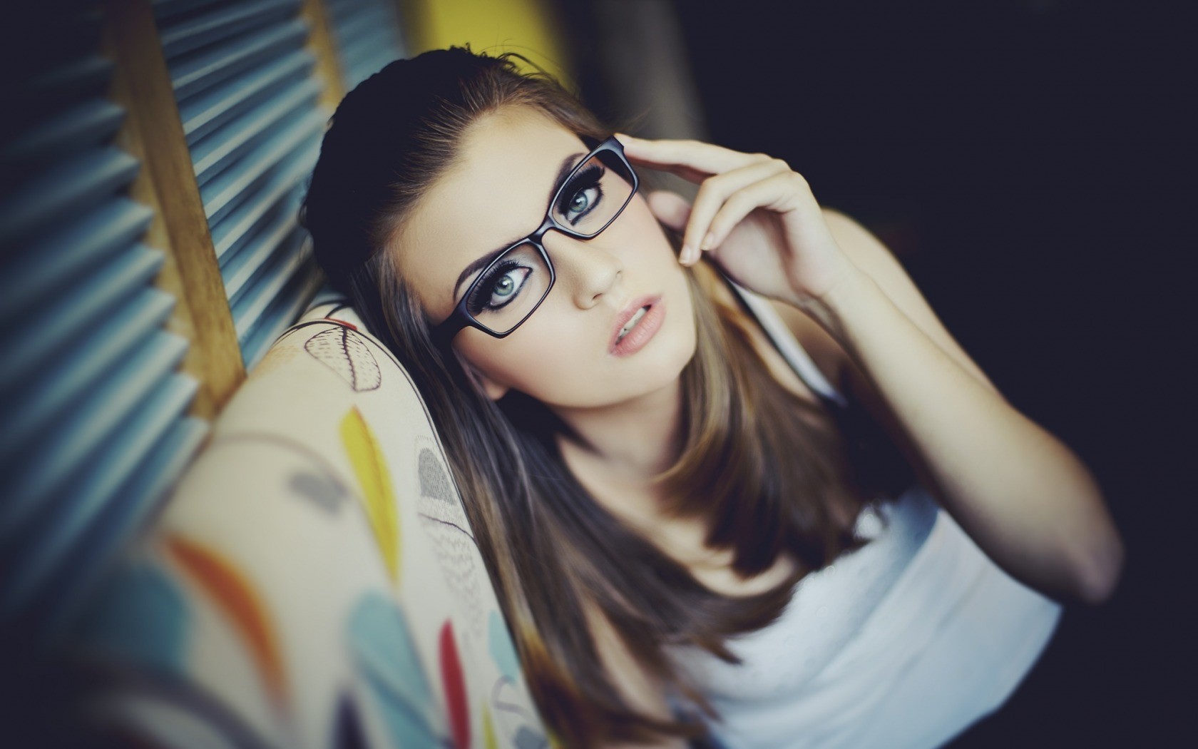 Women Face Women With Glasses Glasses Couch Makeup Brunette Blue Eyes Emily DiDonato 1680x1050