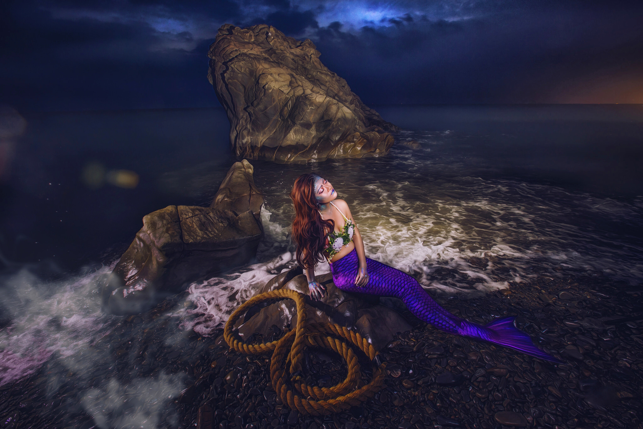 Fantasy Mermaid Ocean Sea Rock Rope Beach 2048x1365