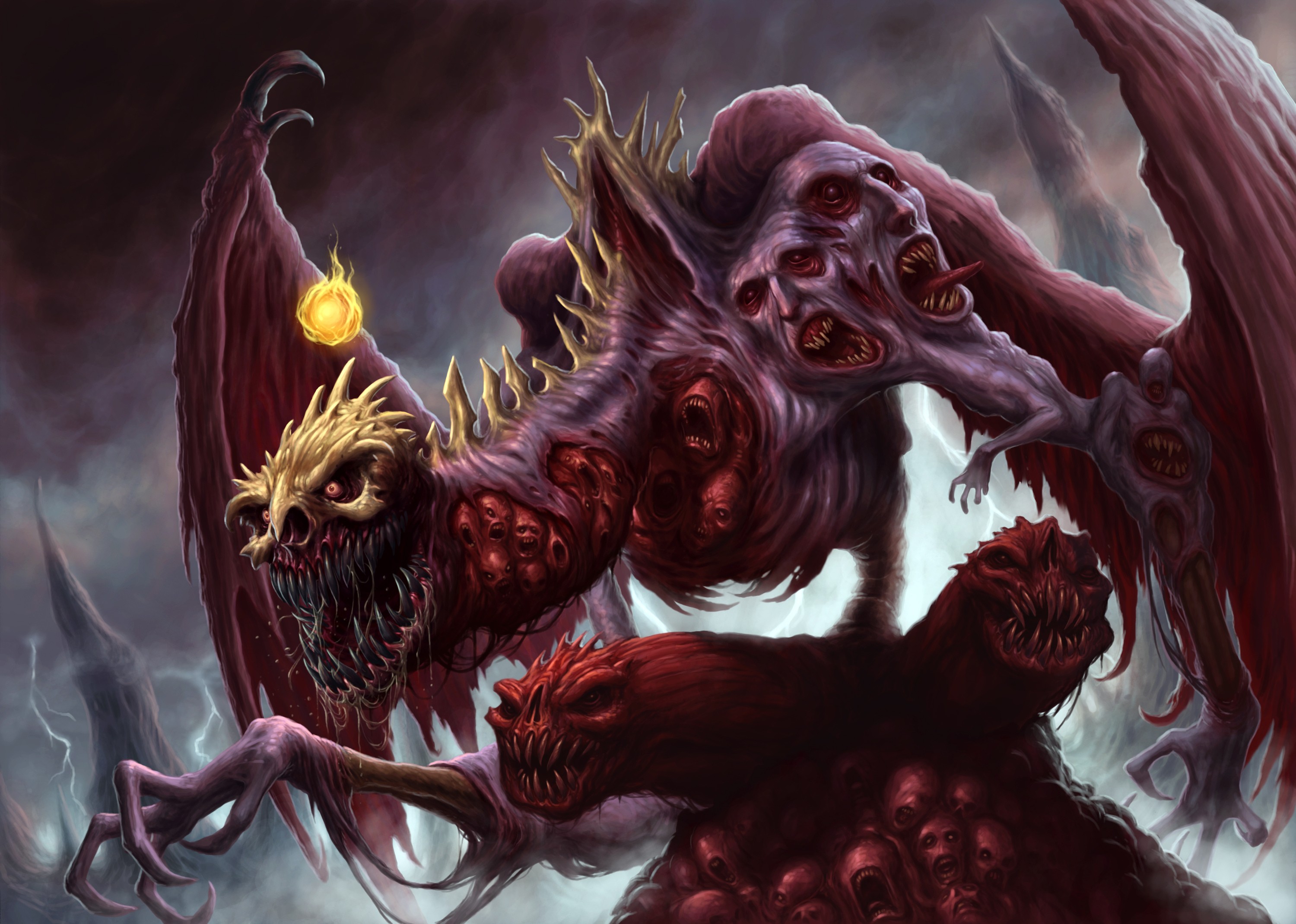 Fantasy Art Digital Art Dark Creature Face Skull Wings Surreal Teeth Fireballs 3000x2140