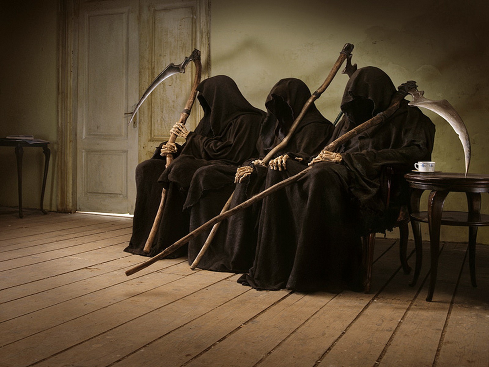 Death Grim Reaper Dark Humor Sickle Beige Brown Wooden Floor Tea Humor 1600x1200