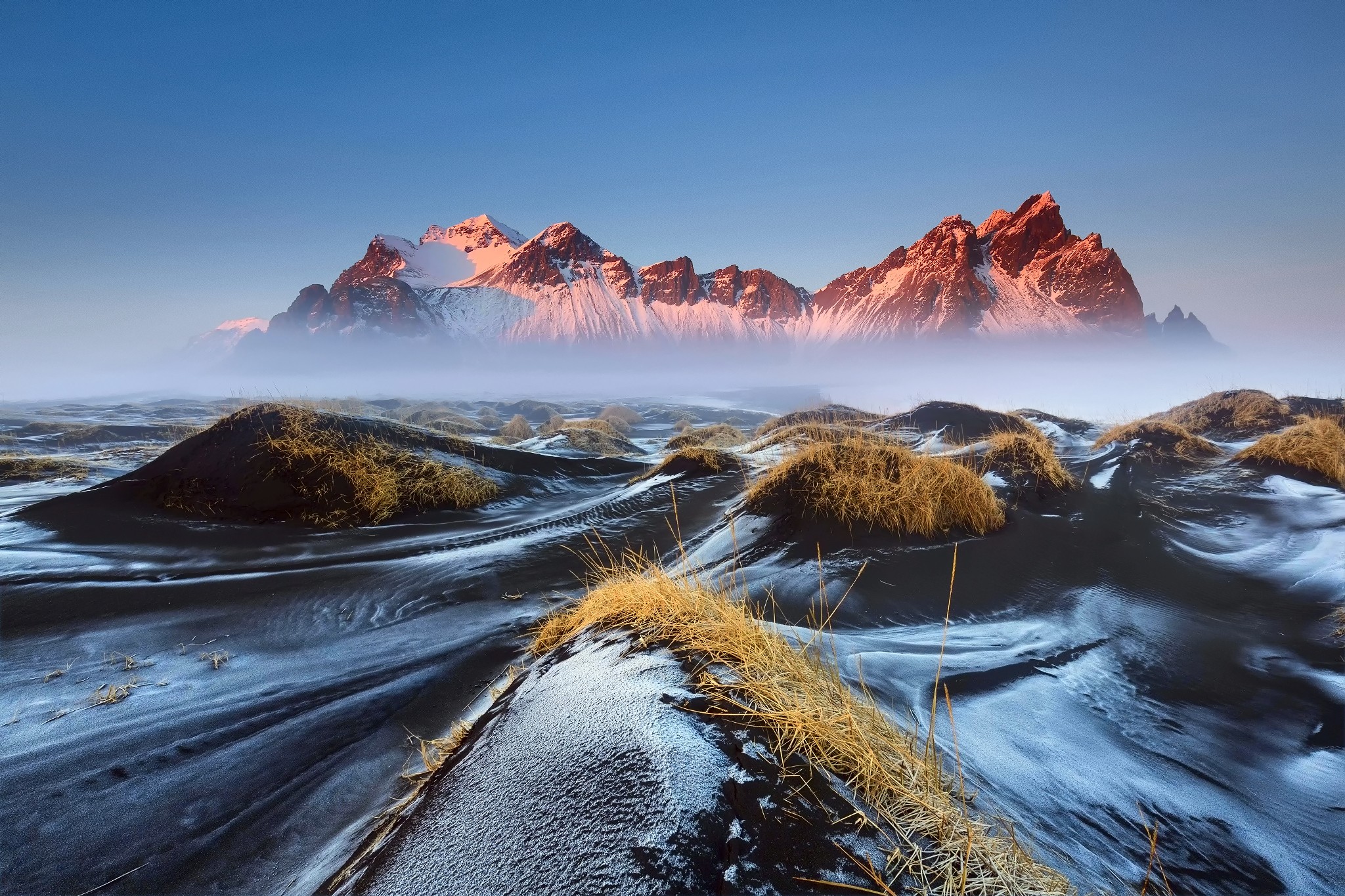 Iceland Vestrahorn Mountains Morning Mist Lava Grass Snow Nature Landscape 2048x1365