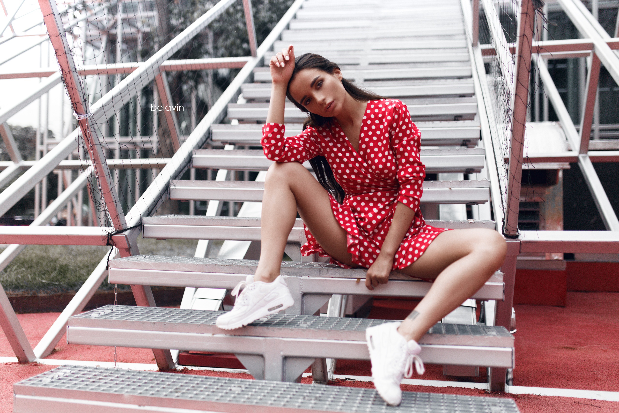 Alexander Belavin Women Stairs Urban Sitting Women Outdoors Polka Dots Sneakers Red Dress Brunette L 2560x1707