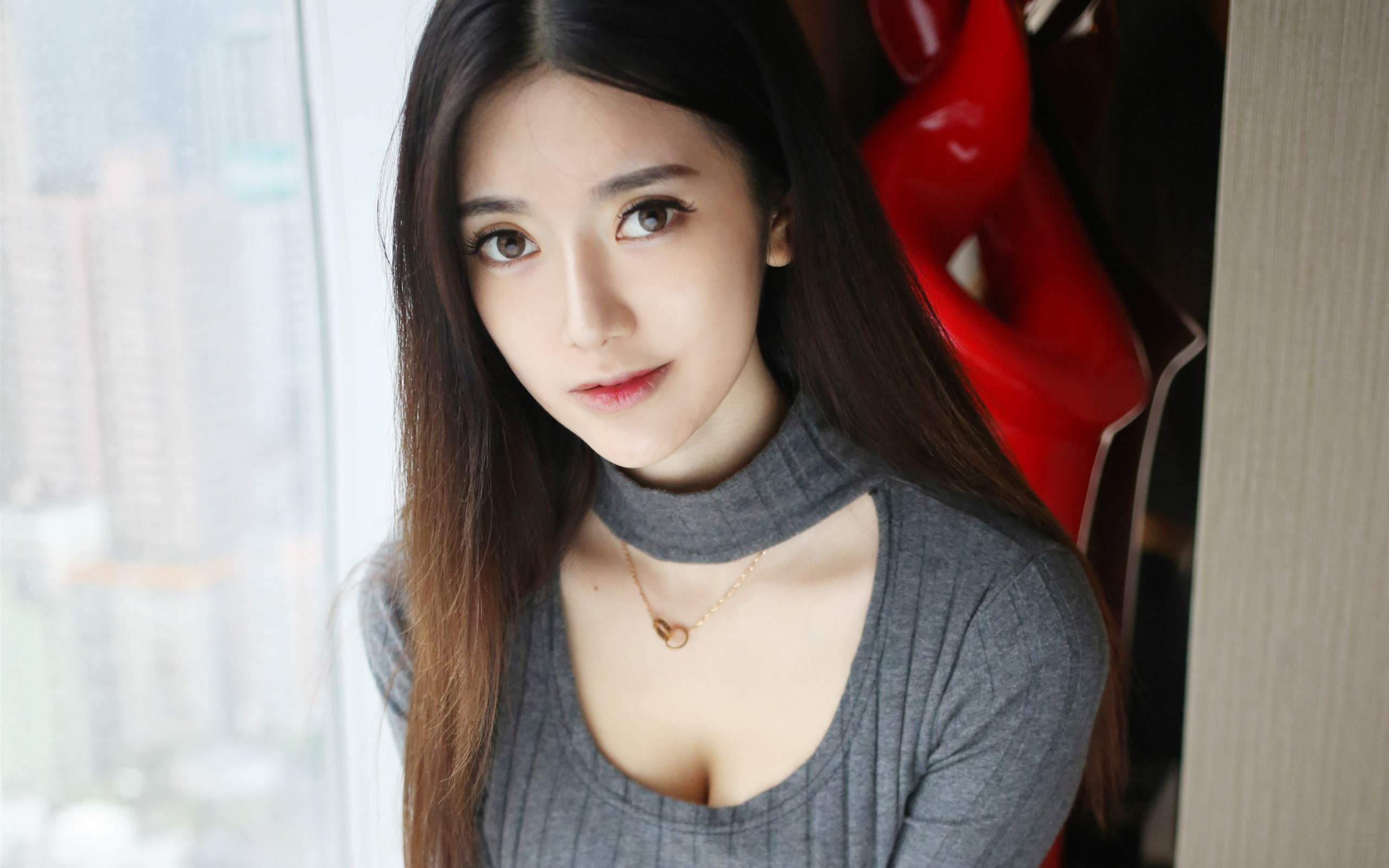Asian Women Brunette Long Hair Necklace Gray Dress Brown Eyes Korean 2560x1600