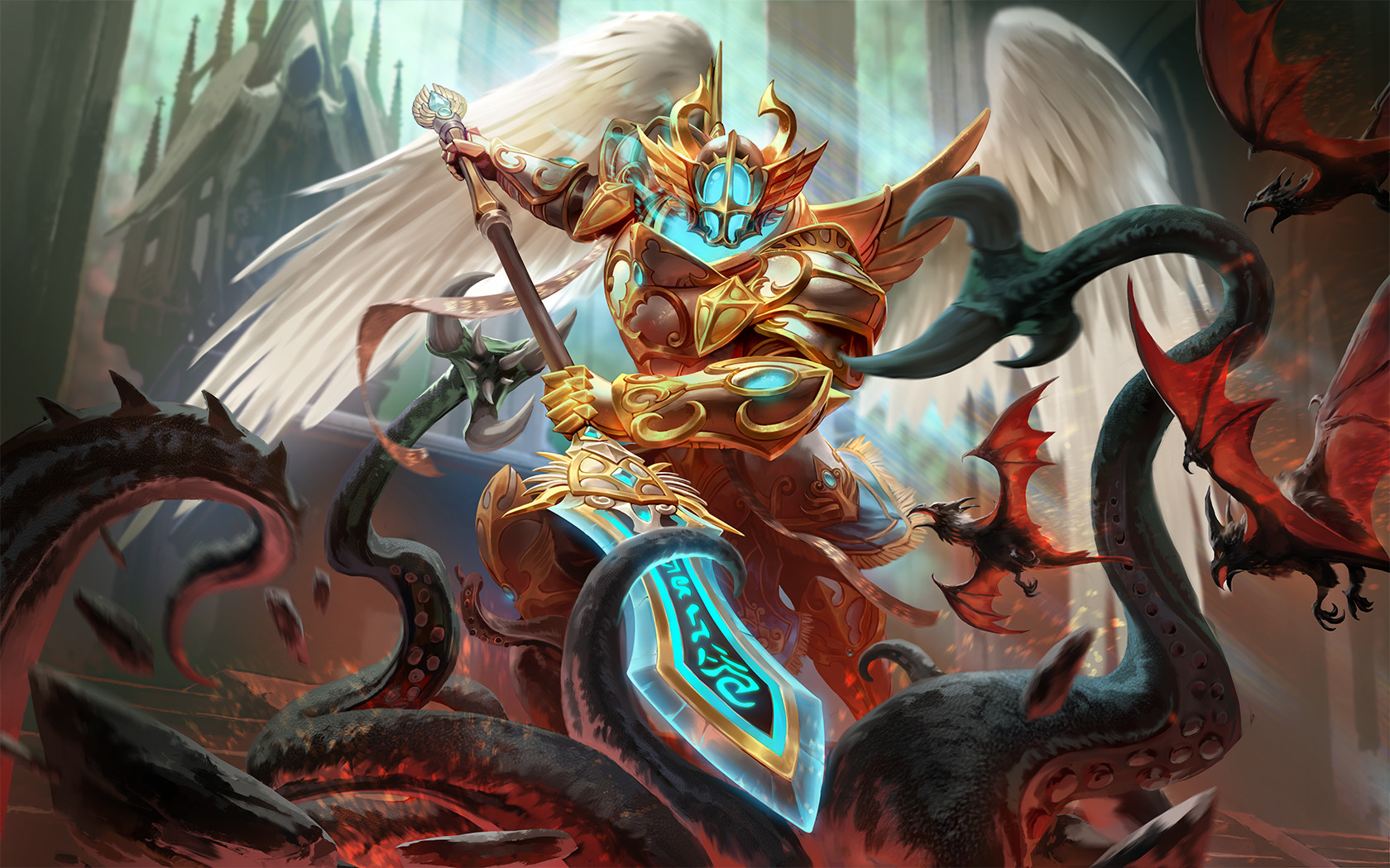 Smite Angel Men Wings Armor Spear Temple Battle Simon Eckert 1680x1050