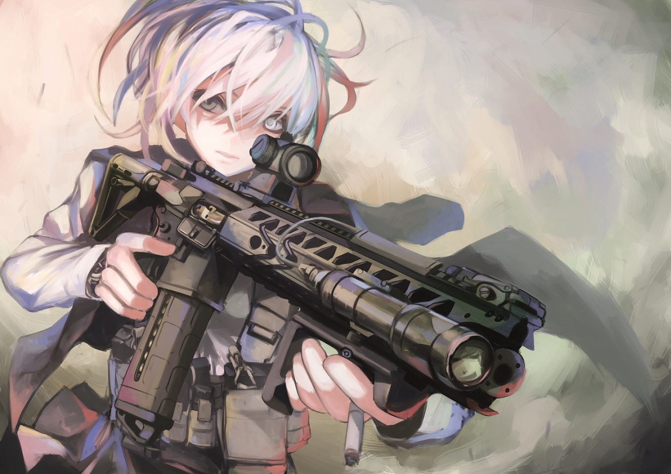Anime Anime Girls Short Hair White Hair Gun Weapon AR 15 1355x957