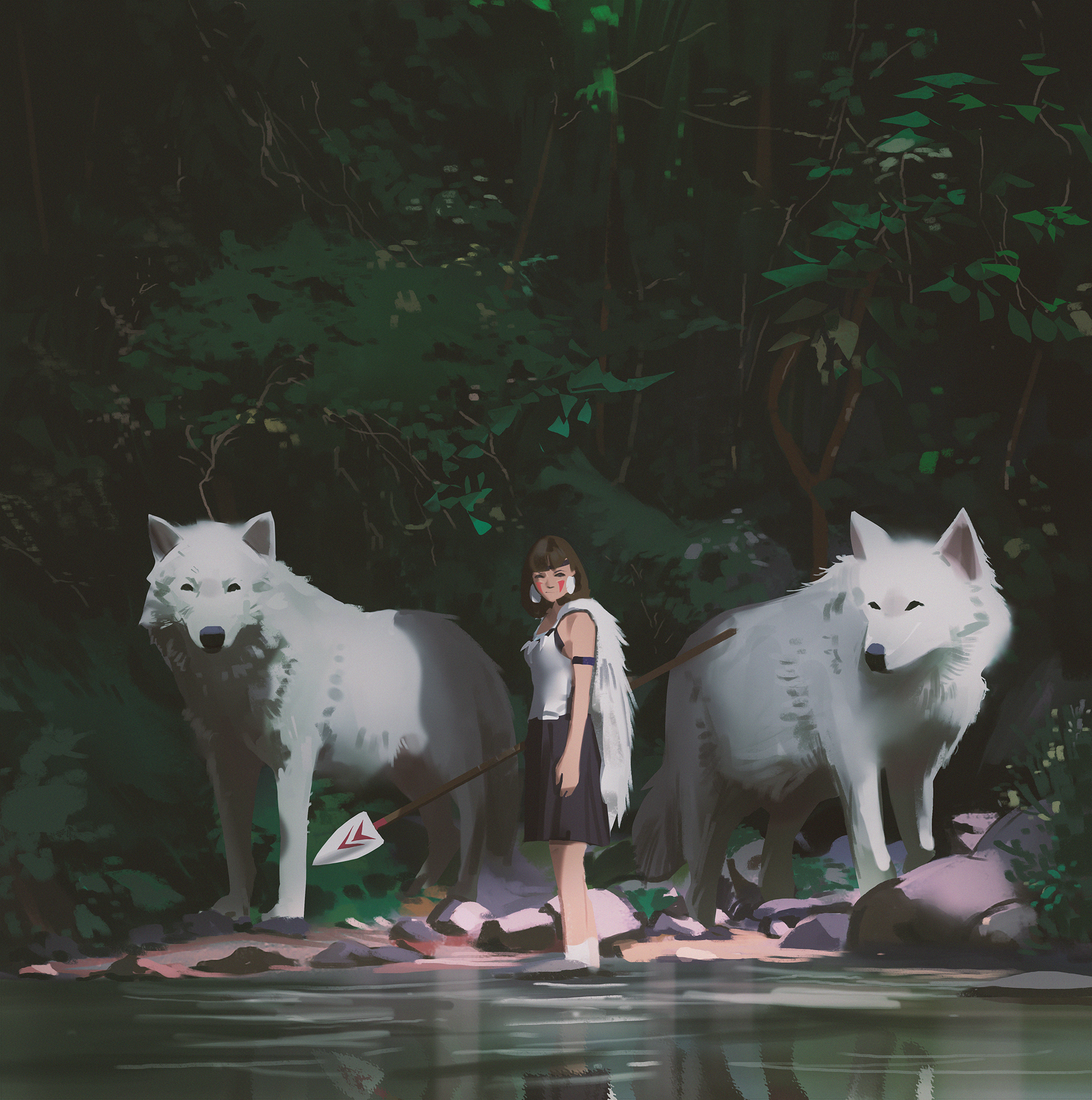 Princess Mononoke Studio Ghibli Anime Anime Girls Women Brunette Wolf Fantasy Art Spear River Forest 2000x2014