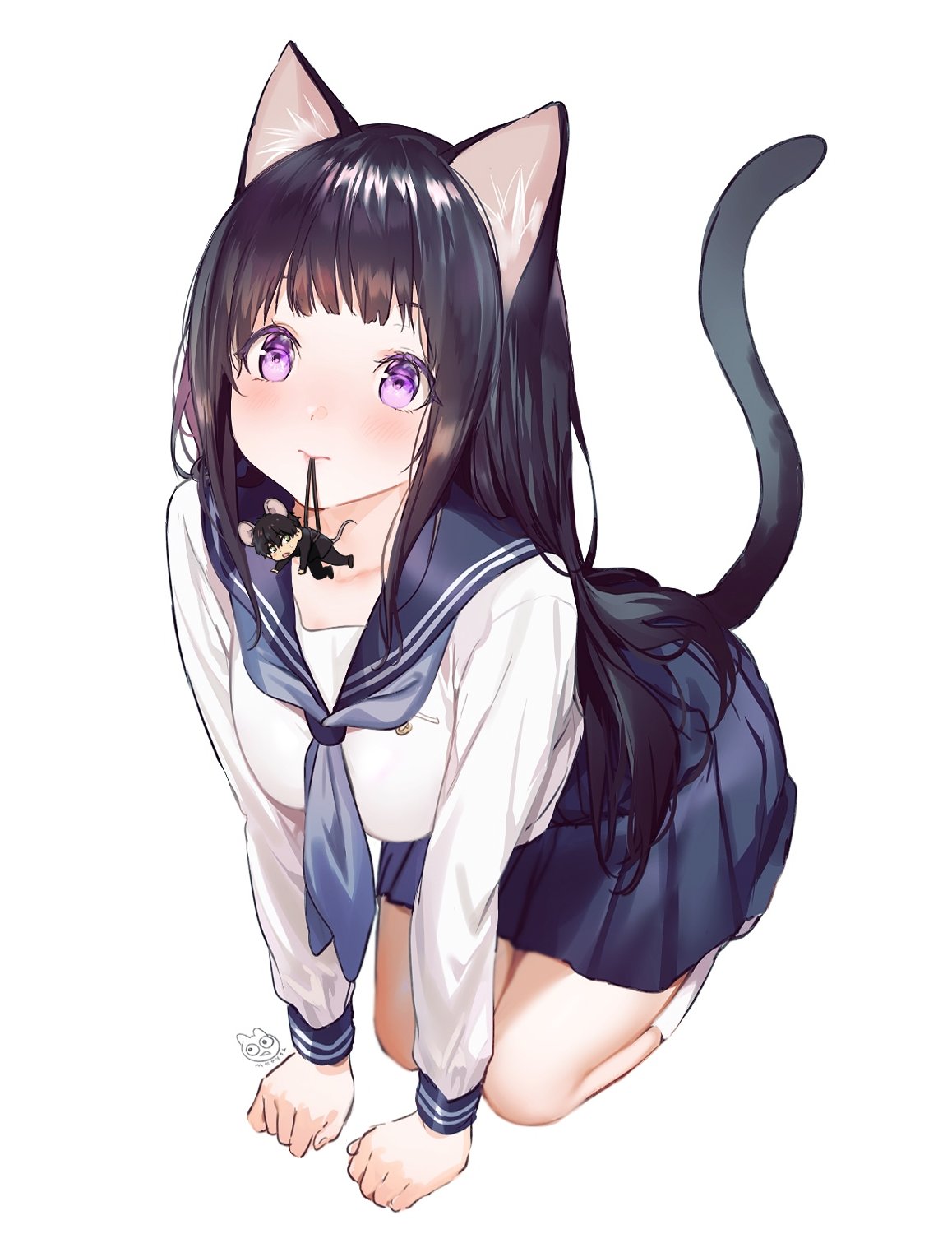 Hyouka Anime Girls Simple Background School Uniform Nekomimi Cat Girl Long Hair Black Hair Chitanda  1158x1500