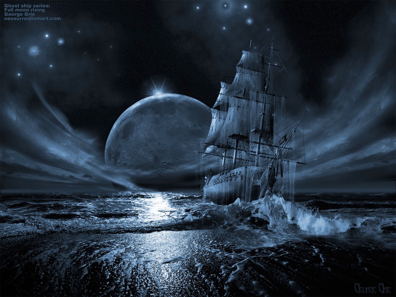 Moon Sailing Ship Ghost Ship Fantasy Art 1280x960