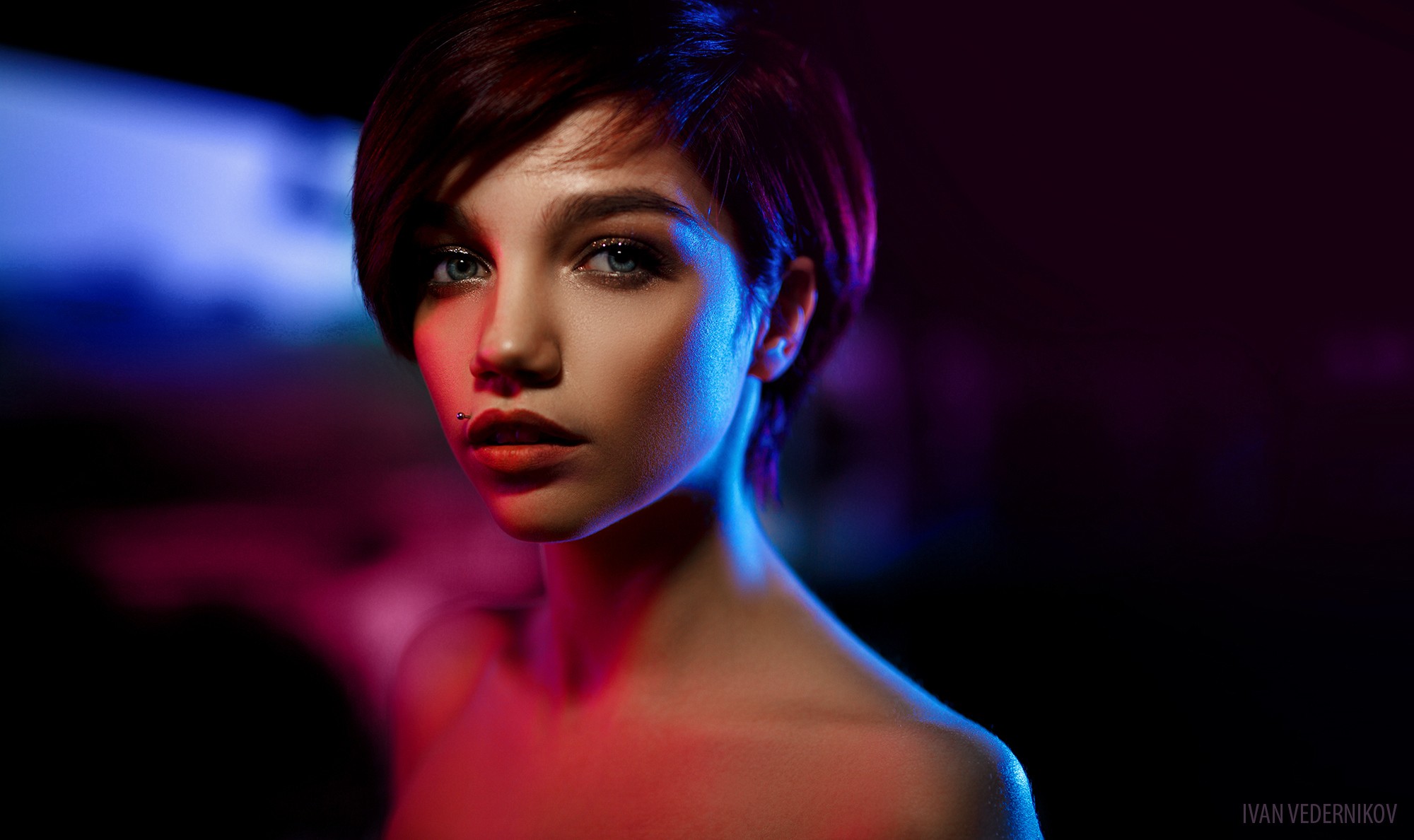 Women Brunette Short Hair Blue Eyes Pierced Lip Face Portrait Colorful Bare Shoulders Ivan Vederniko 2000x1188
