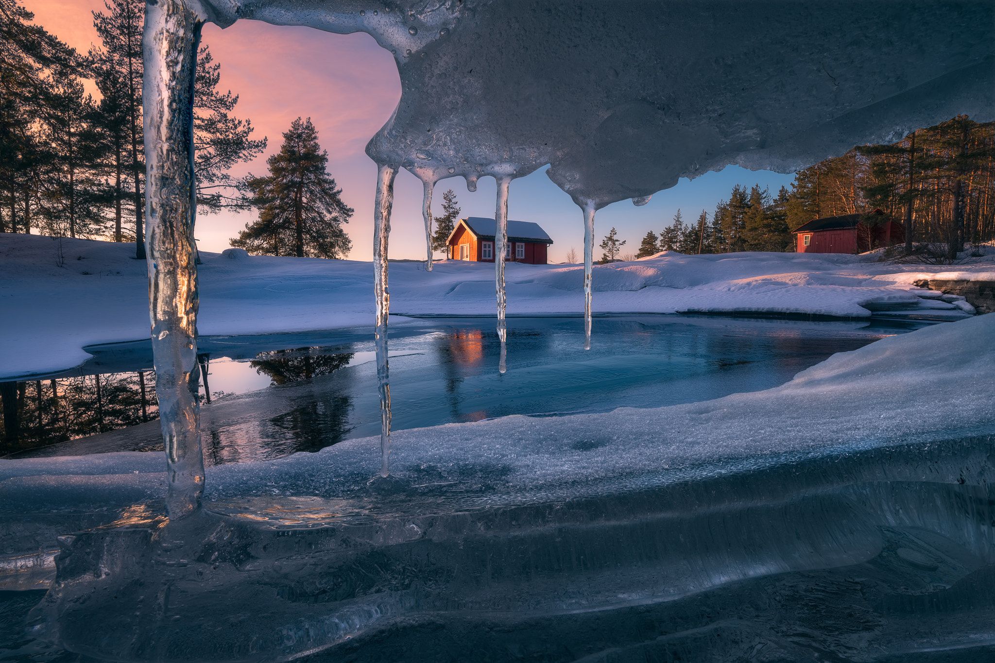 Nature Landscape Winter Snow Trees Icicle Ice Cabin Frozen Lake Sunset Ole Henrik Skjelstad Reflecti 2048x1365
