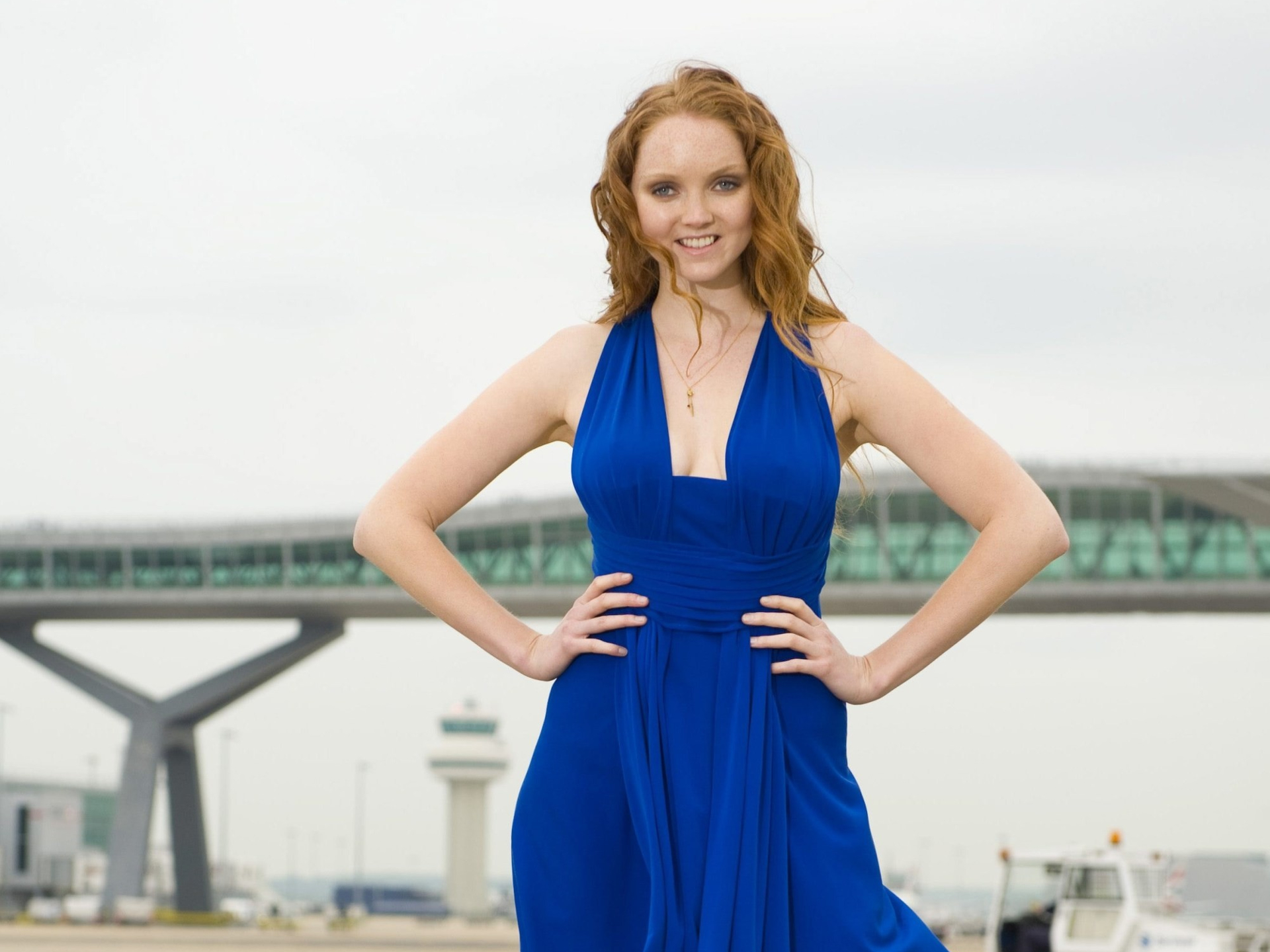 Lily Cole Actress Redhead Blue Dress Smile Blue Eyes English 1920x1440