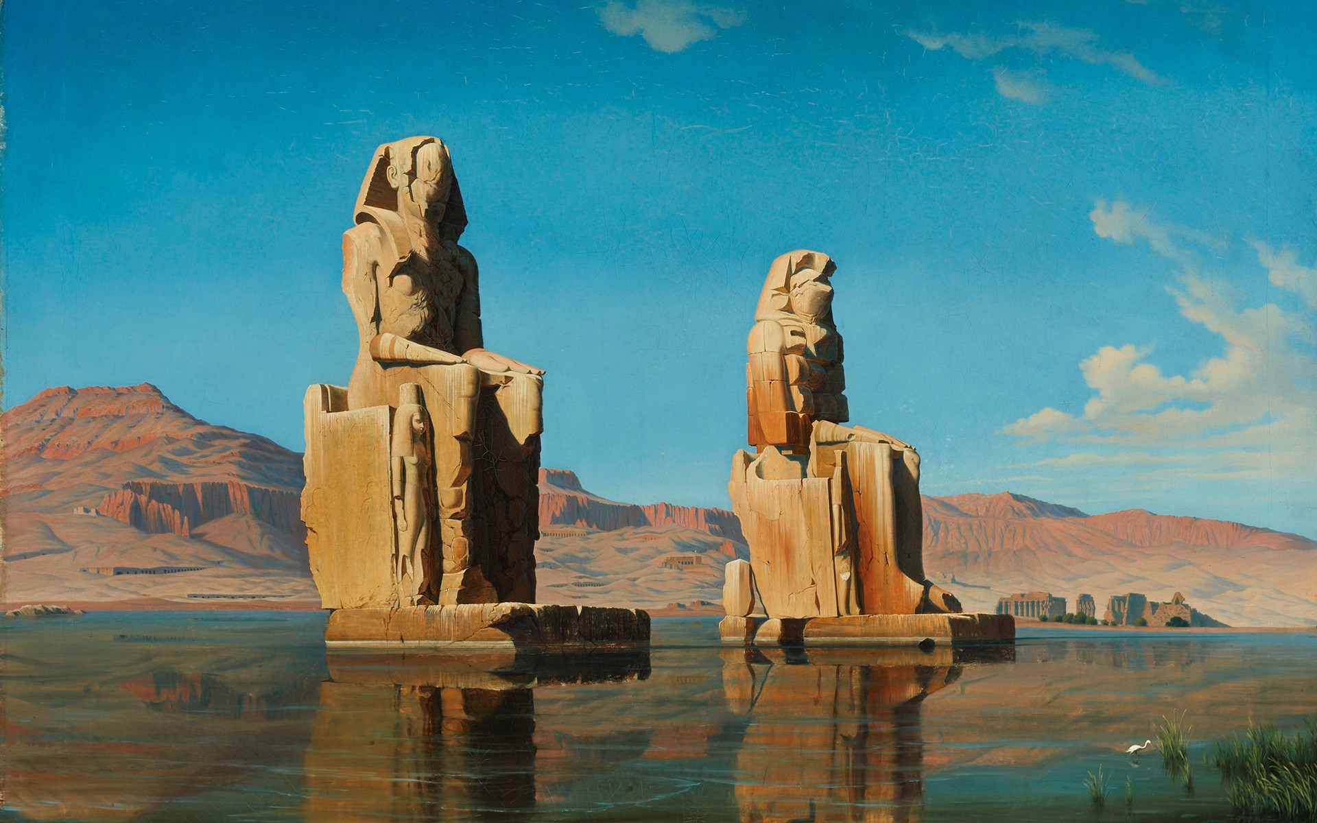 Egypt Sculpture Statue Rock Egyptian Artwork Gods Ancient Water River Nile Hills Clouds Dunes Sand R 1920x1200