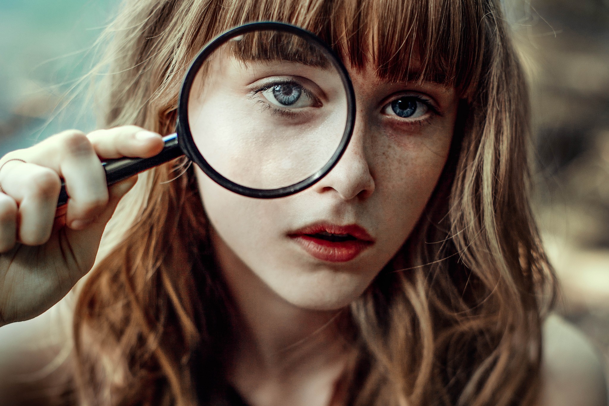 Women Blue Eyes Magnifying Glass Looking At Viewer Brunette Freckles Face Anne Hoffmann 2048x1365