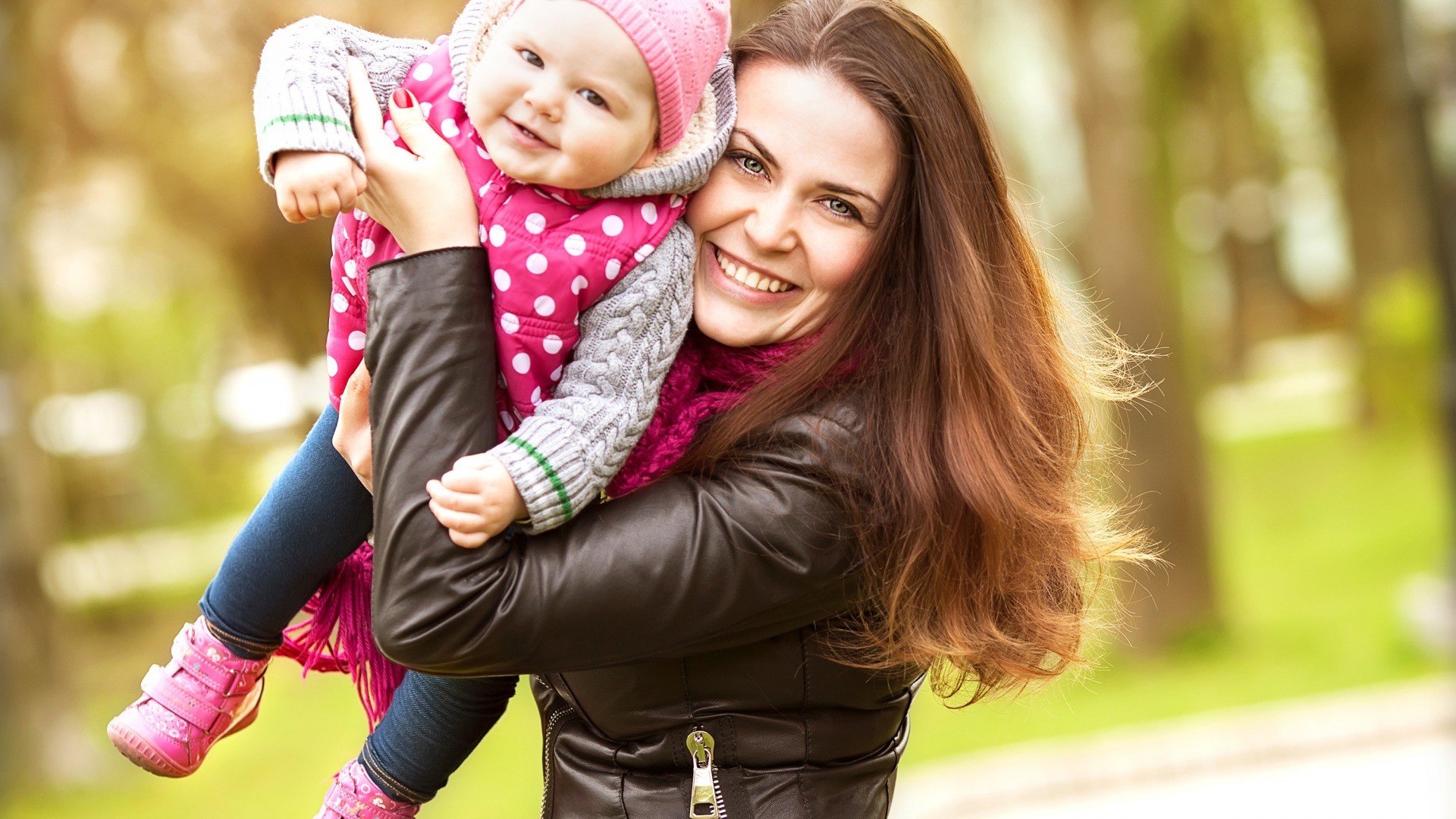 Children Mother Smiling Leather Jackets Happy Brown Jacket 1920x1080