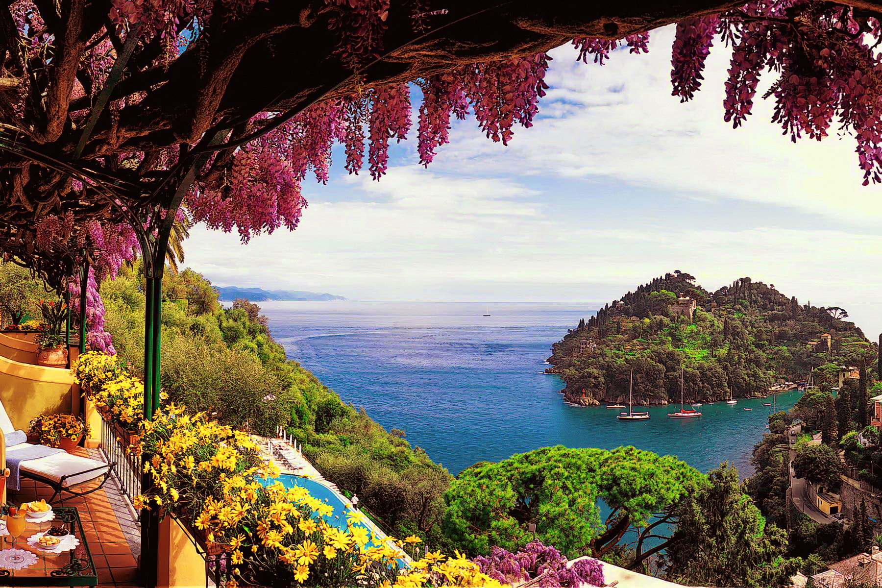 Amalfi Italy Ocean Sea Boat Island Terrace Flower Horizon 1800x1200
