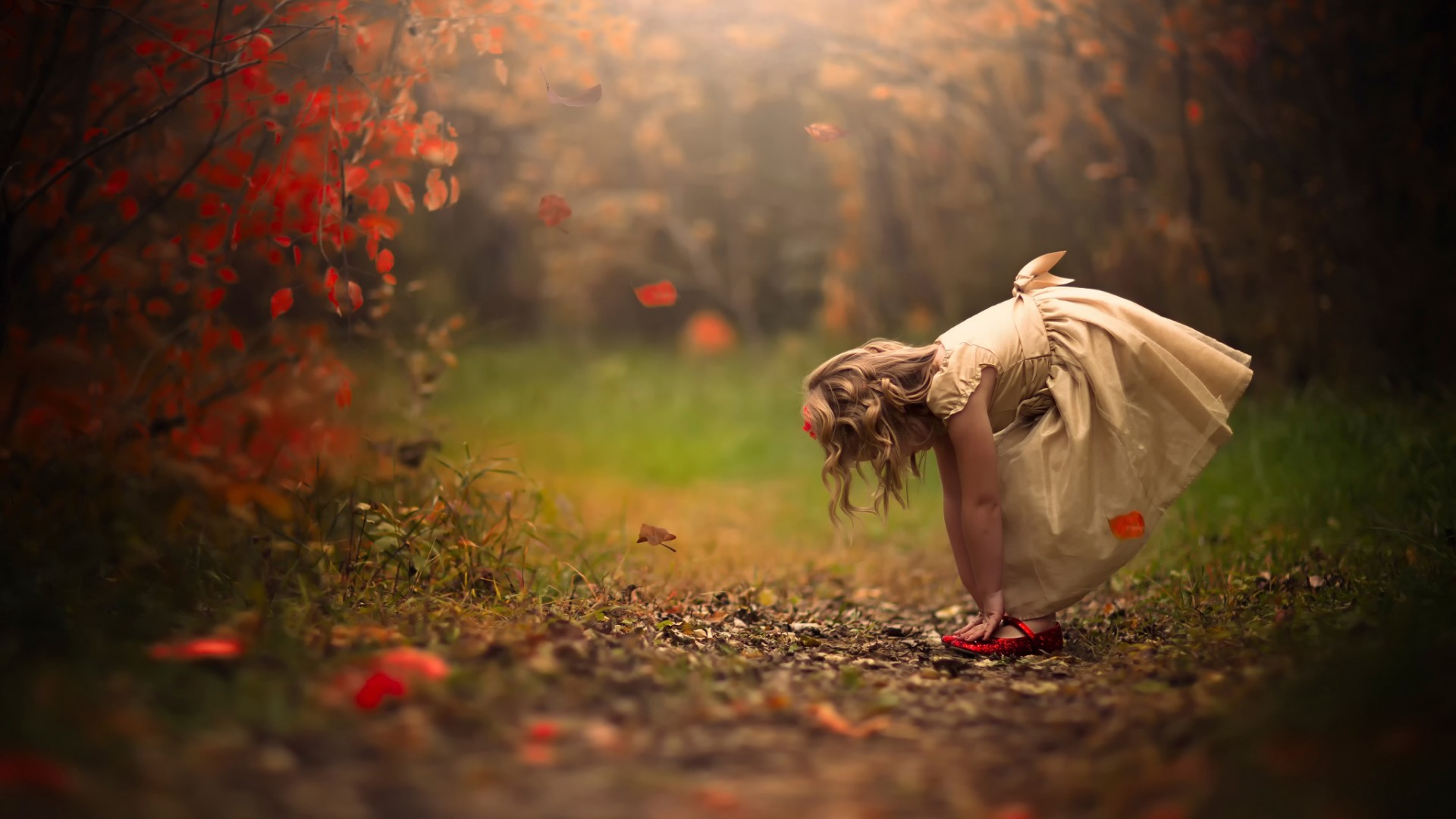 Children Forest Blonde Fall Depth Of Field Jake Olson Red Shoes 1920x1080