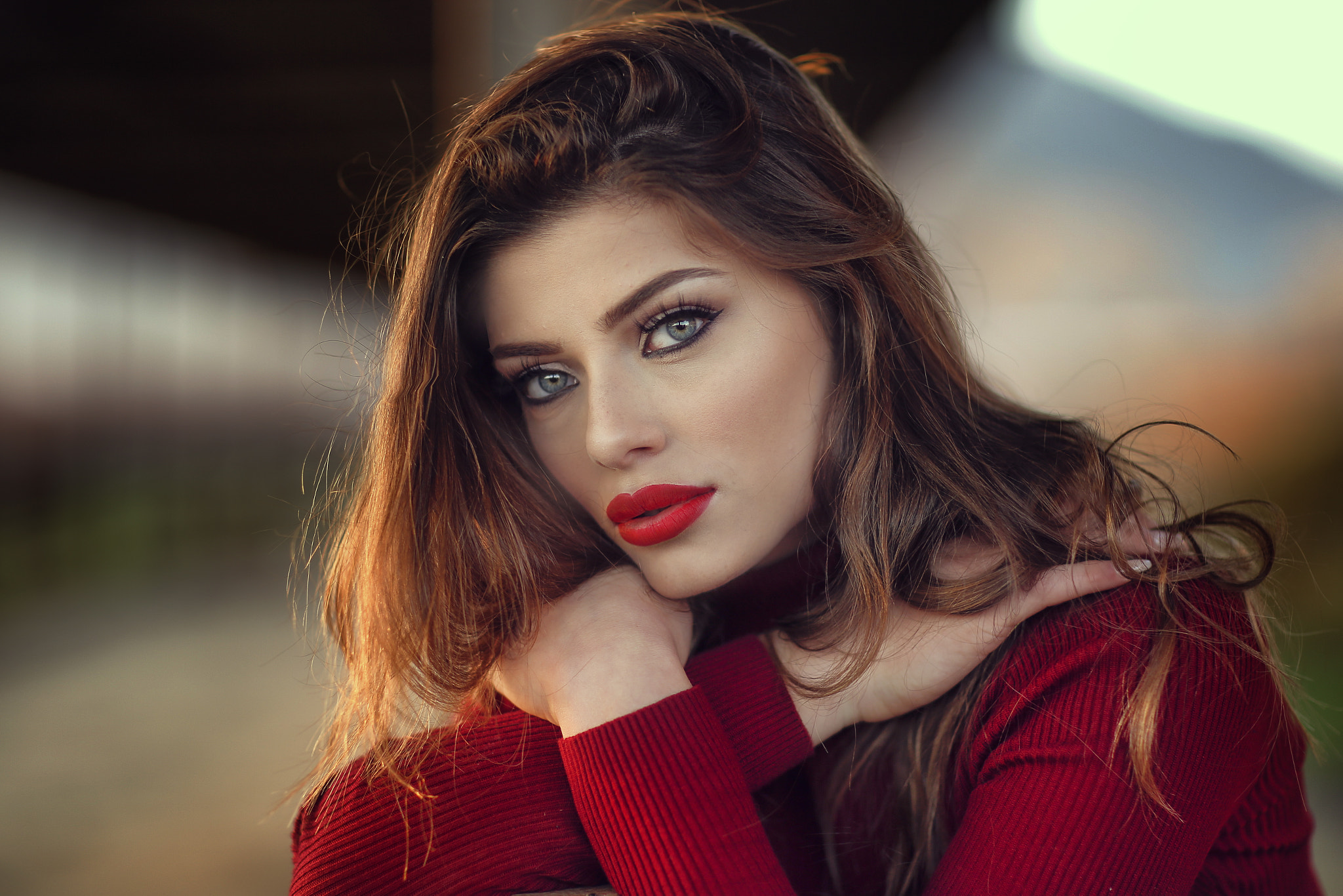 Women Brunette Portrait Face Bokeh Blue Eyes Red Lipstick Long Hair Eyeshadow Women Outdoors Sweater 2048x1366