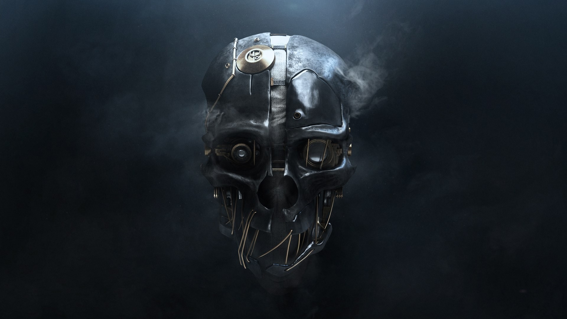 Skull Digital Art Simple Background 3D Metal Wires Smoke Technology Dishonored Video Games Corvo Att 1920x1080