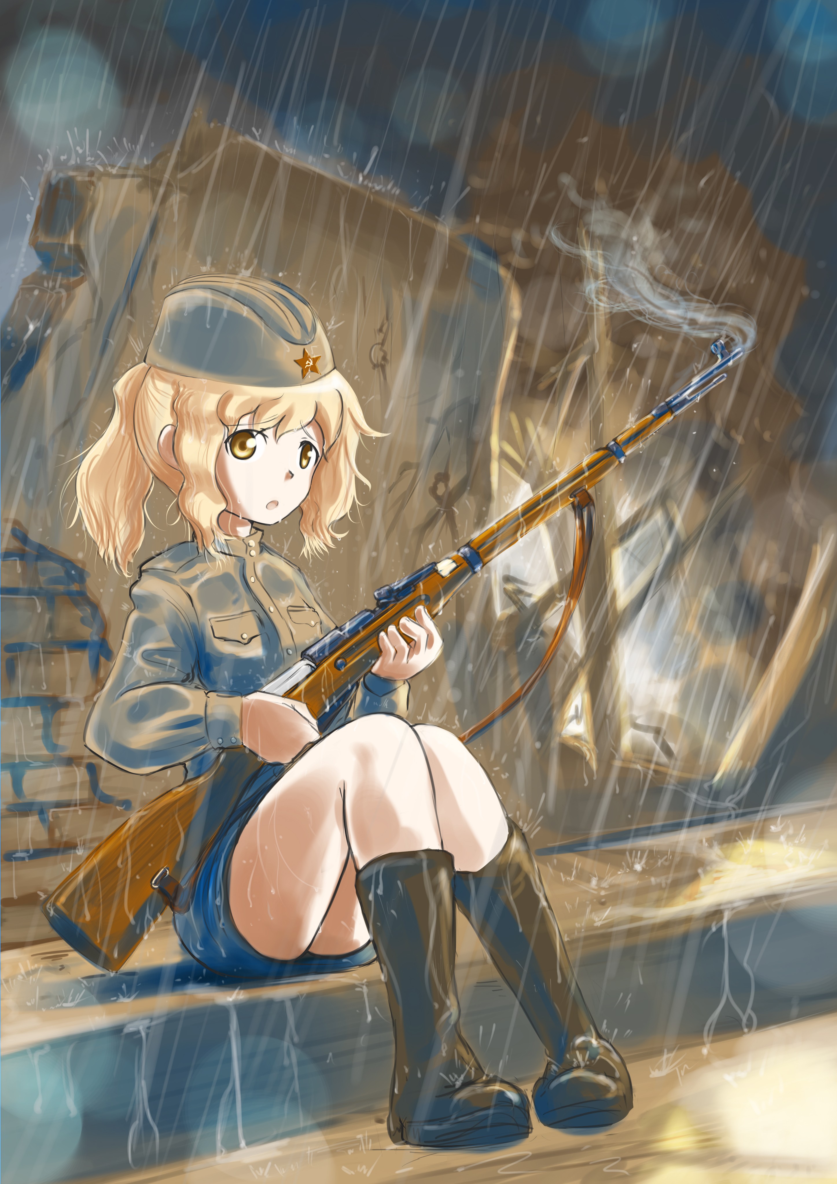 KREA - soviet school-girl with a Turquoise hair holding an assault rifle,  anime manga, high resolution