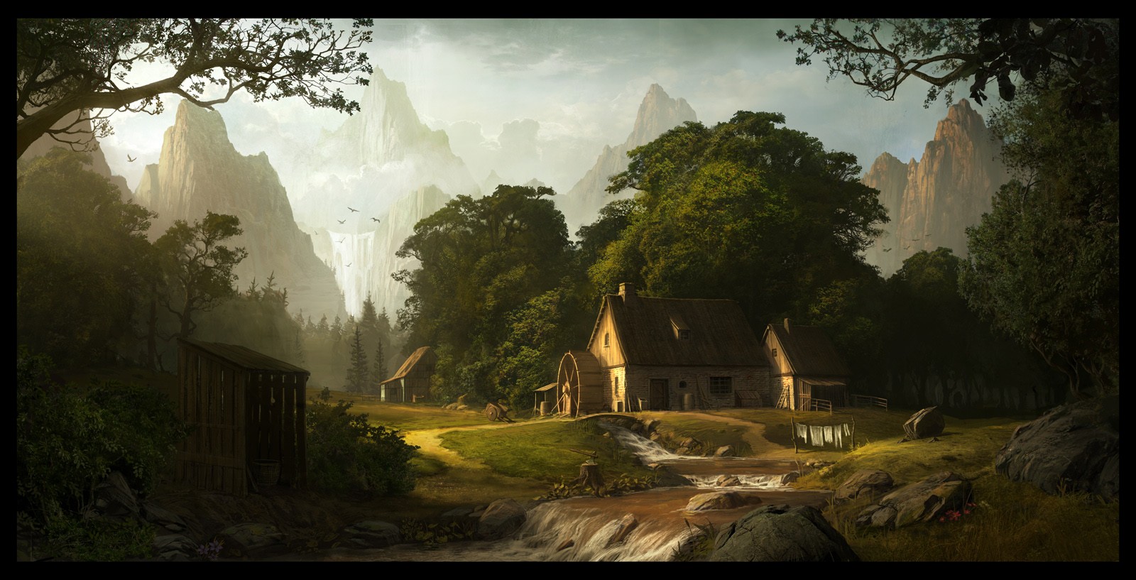 Andree Wallin Lake Mill Mountains Artwork Fantasy Art Landscape Concept Art 1600x817