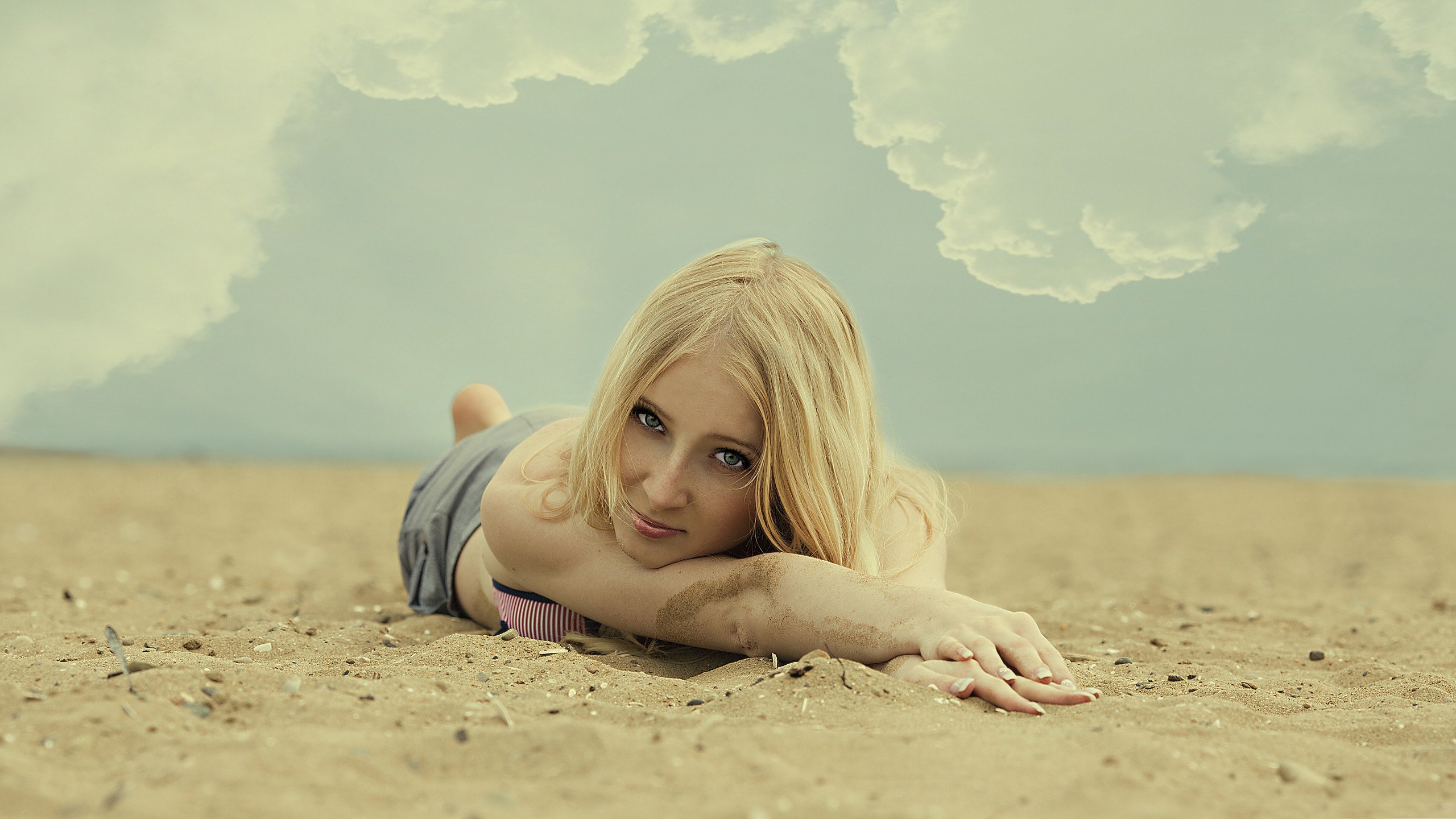 Women Model Blonde Sand Clouds Sand Covered 2560x1440