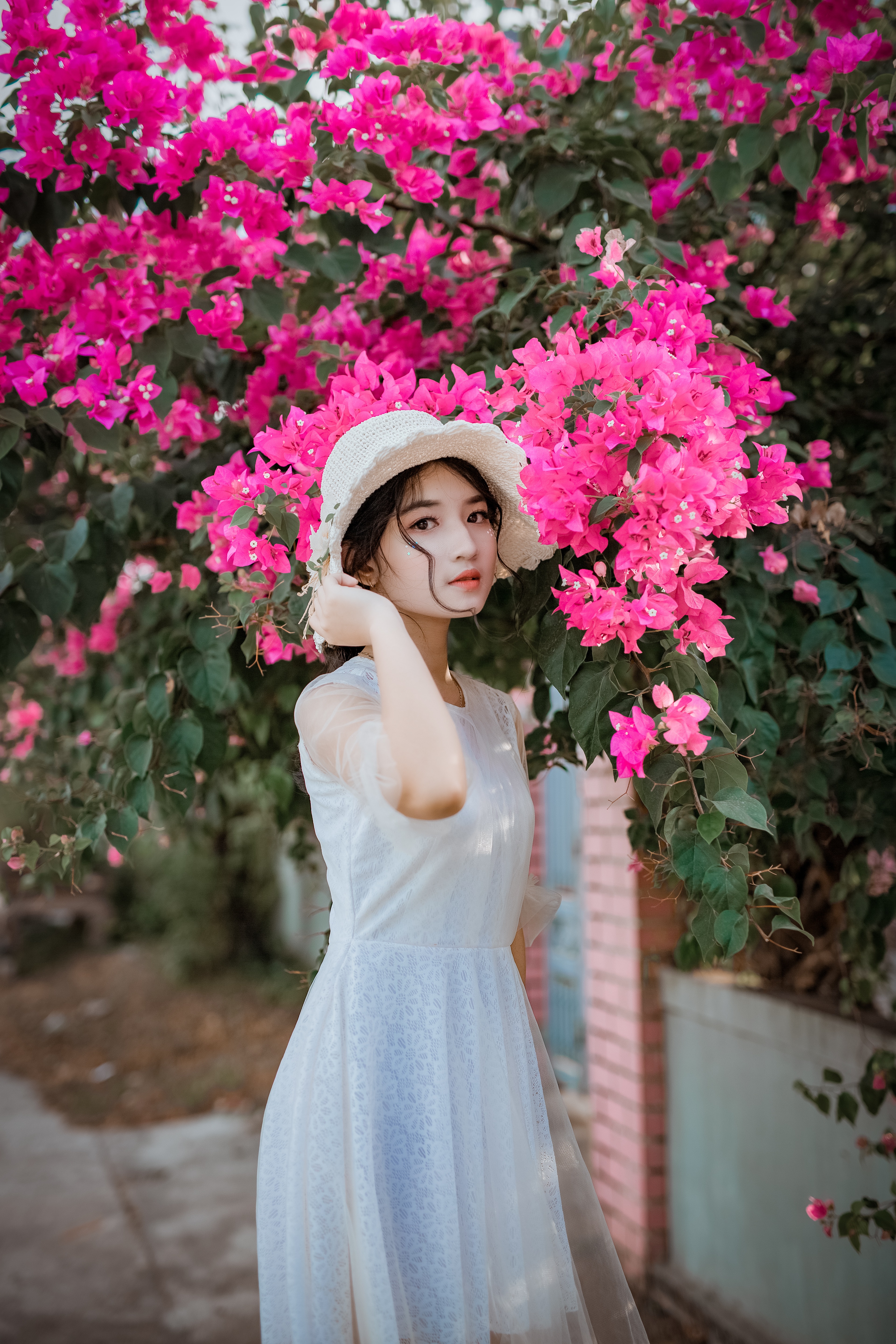 Pink Flower Pink Flowers Hate Sun Hats White Dress Smile Women Blonde Dress Model 3840x5760