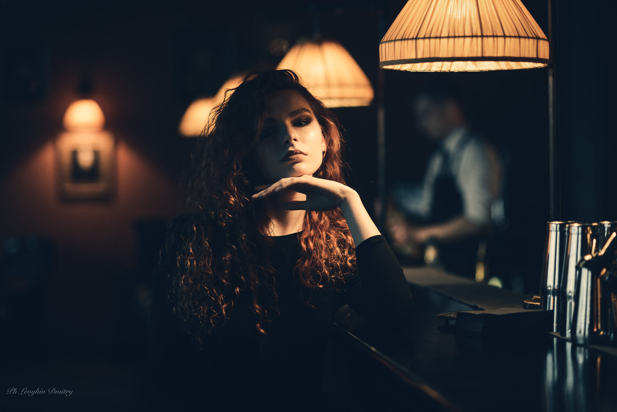 Women Brunette Smoky Eyes Curly Hair Bar Looking At Viewer Dmitry Levykin 2000x1335