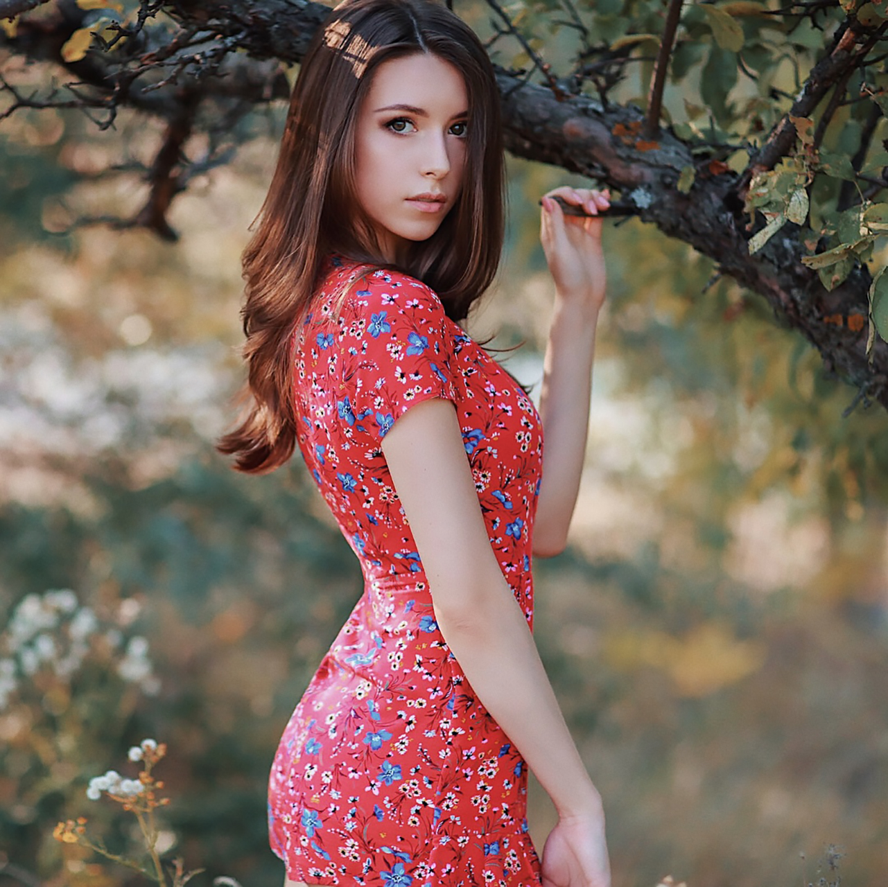 Viktoria Makarenko Viki Virgo Women Brunette Long Hair Wavy Hair Flower Dress Nature Branch Red Clot 1281x1280