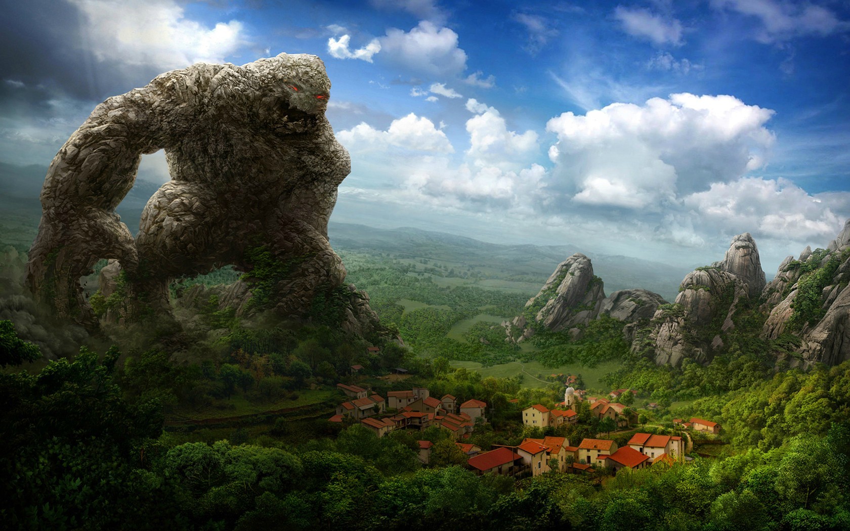 Fantasy Art Artwork Drawing Rock Creature Town House Nature Trees Clouds Red Eyes Golem 1680x1050