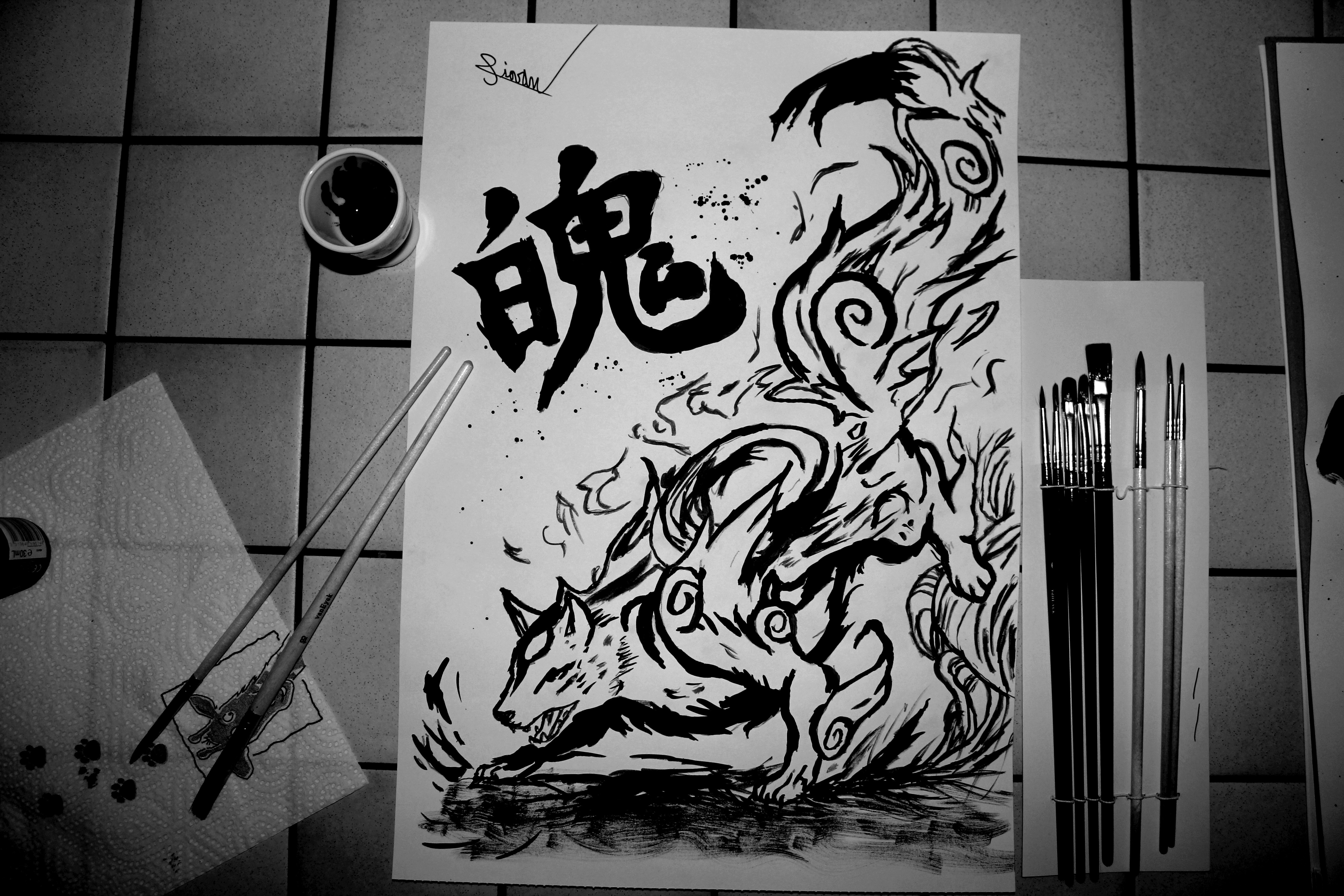 Drawing Anime Monochrome Okami Amaterasu Calligraphy Ink Japanese Art Kanji Paint Brushes White Blac 5184x3456