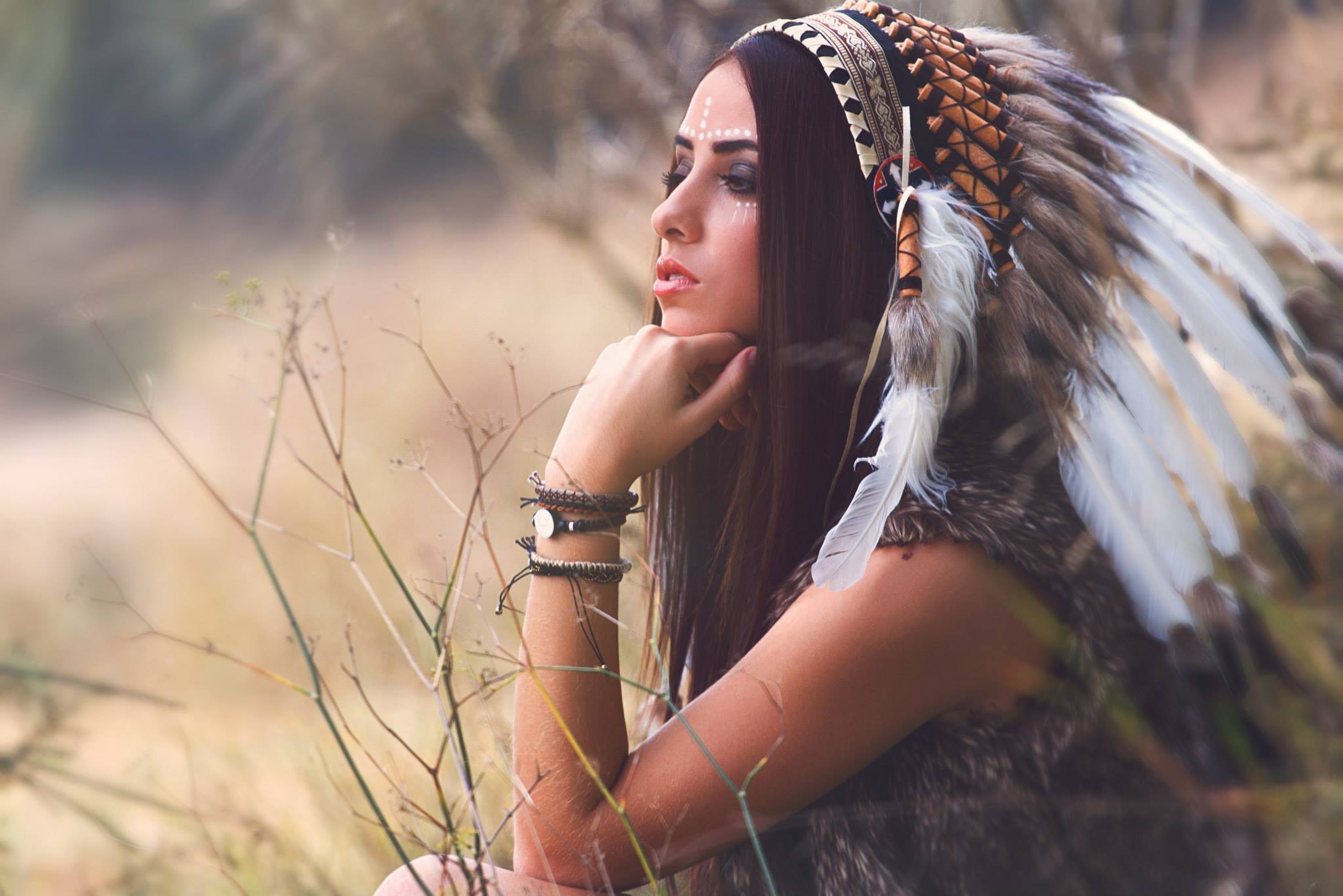 Women Brunette Headdress Face Paint Straight Hair Indian Makeup Looking Away Bracelets Fur Coats 2048x1366