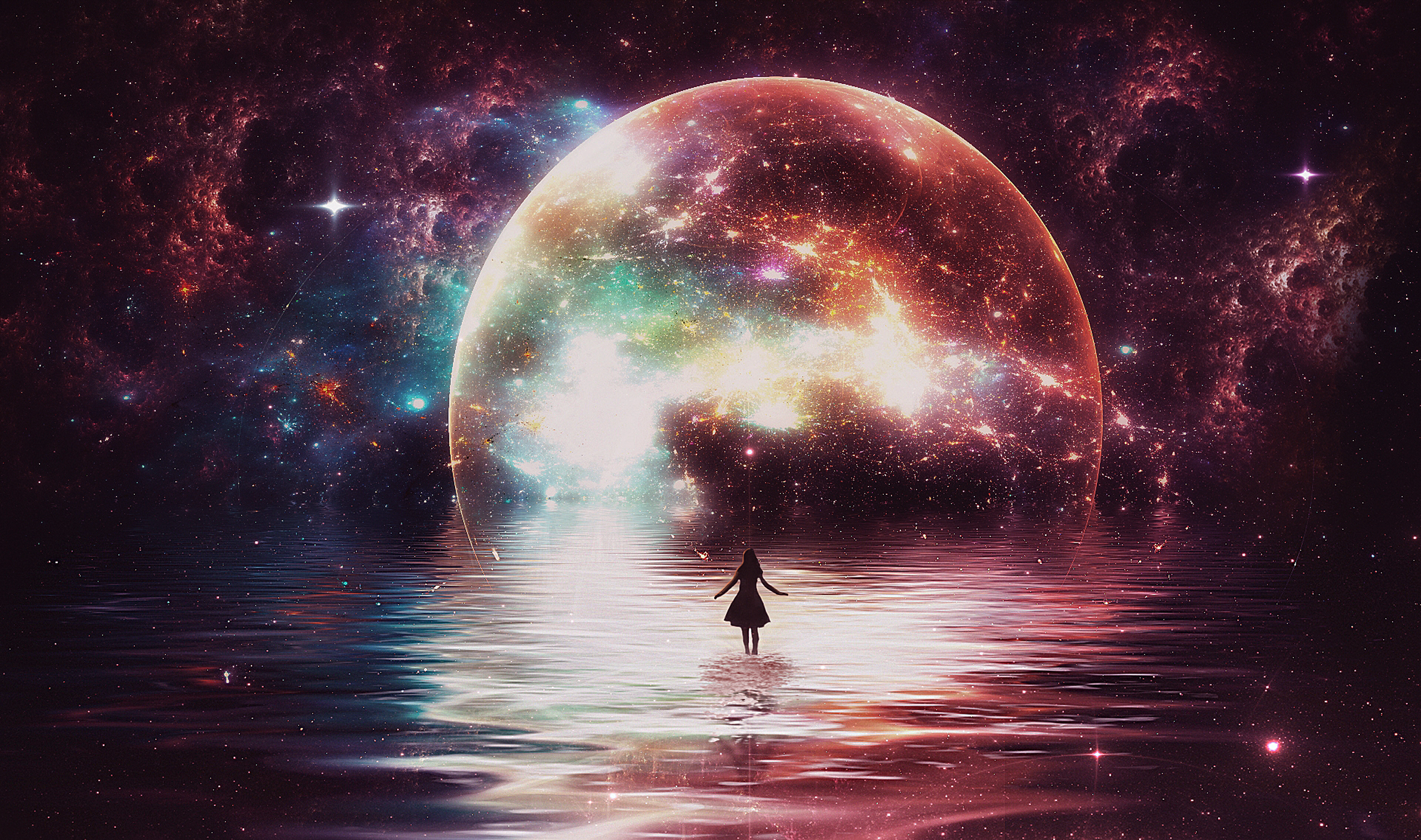 Moon Water Glowing Stars Colorful Warm Colors Women Photoshop 2560x1514