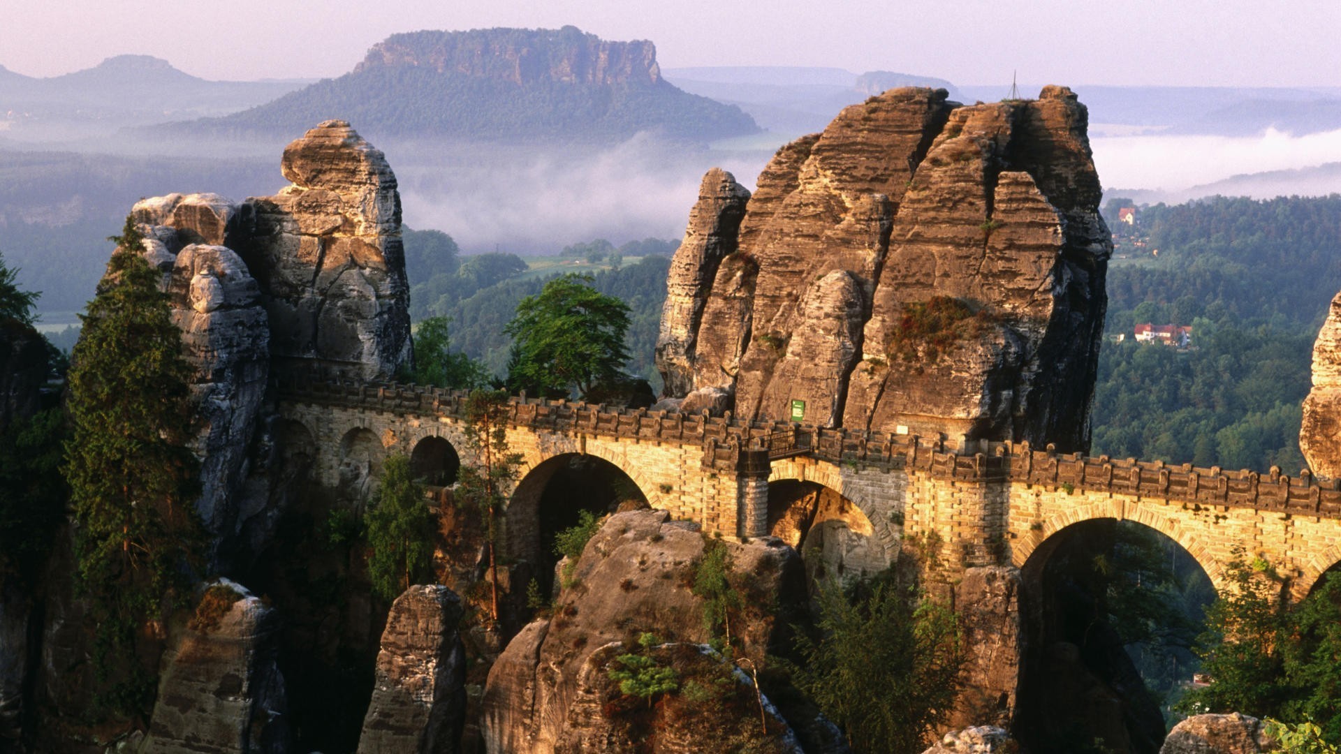 Nature Landscape Rock Bridge Trees Forest Germany Mountains Mist Saxony Bastei Architecture Rock For 1920x1080