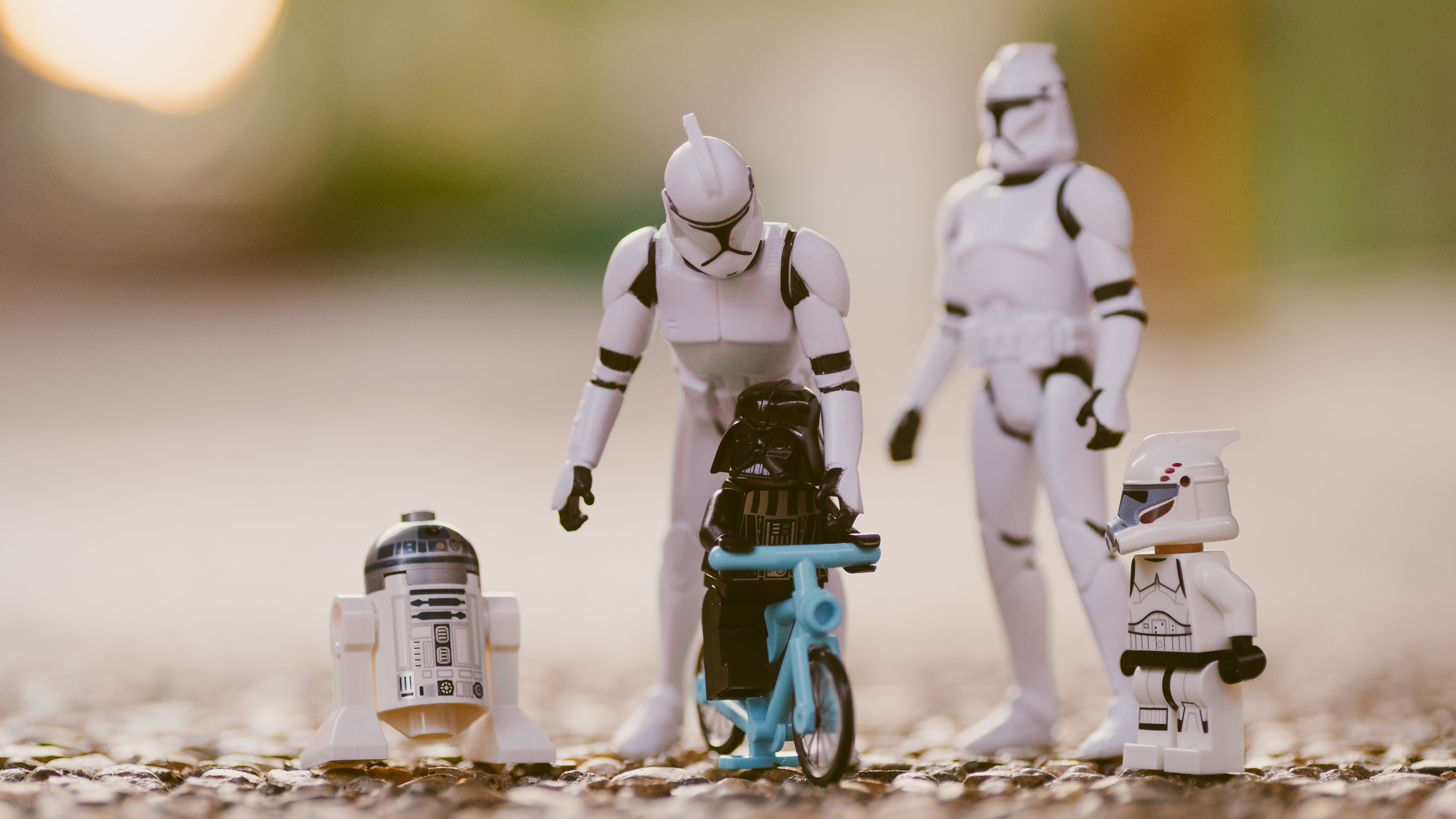 Closeup Macro Star Wars Toys R2 D2 Darth Vader Clone Trooper Bicycle Vehicle Blurred Humor LEGO Acti 5120x2880