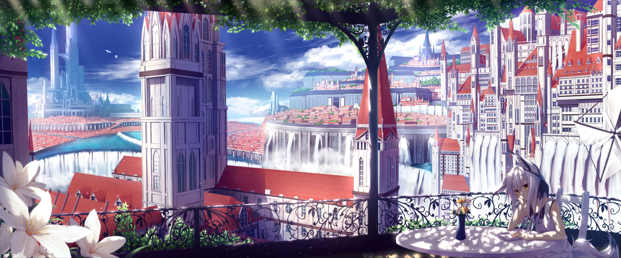 Anime Anime Girls City Water Waterfall Sitting Flowers Plants Fence Table Books Reading Arm Support  2174x905
