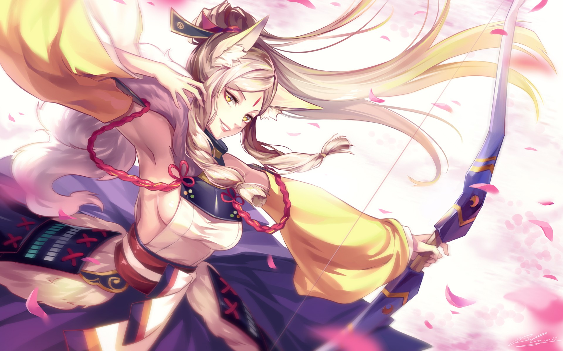 Sousei No Onmyouji Animal Ears Blonde Cherry Blossom Petals Arch Archer 1920x1200