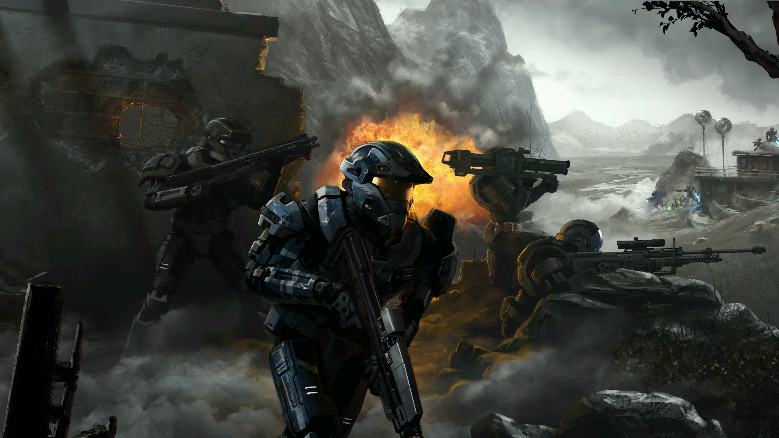 Halo Xbox Video Game Art Halo 3 Halo Reach Science Fiction Covenant Elite Explosion Sniper Rifle Roc 2560x1440