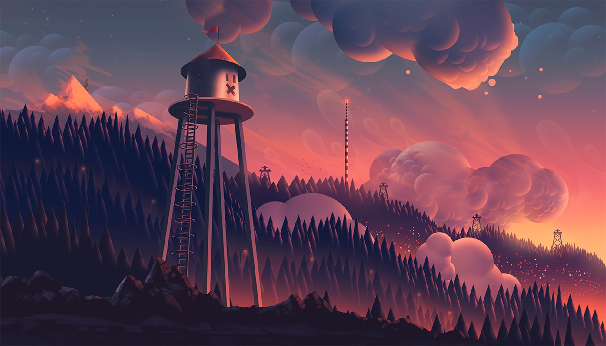 Digital Art Aaron Campbell Trees Clouds Forest Fantasy Art Mountains Sunset 2000x1141